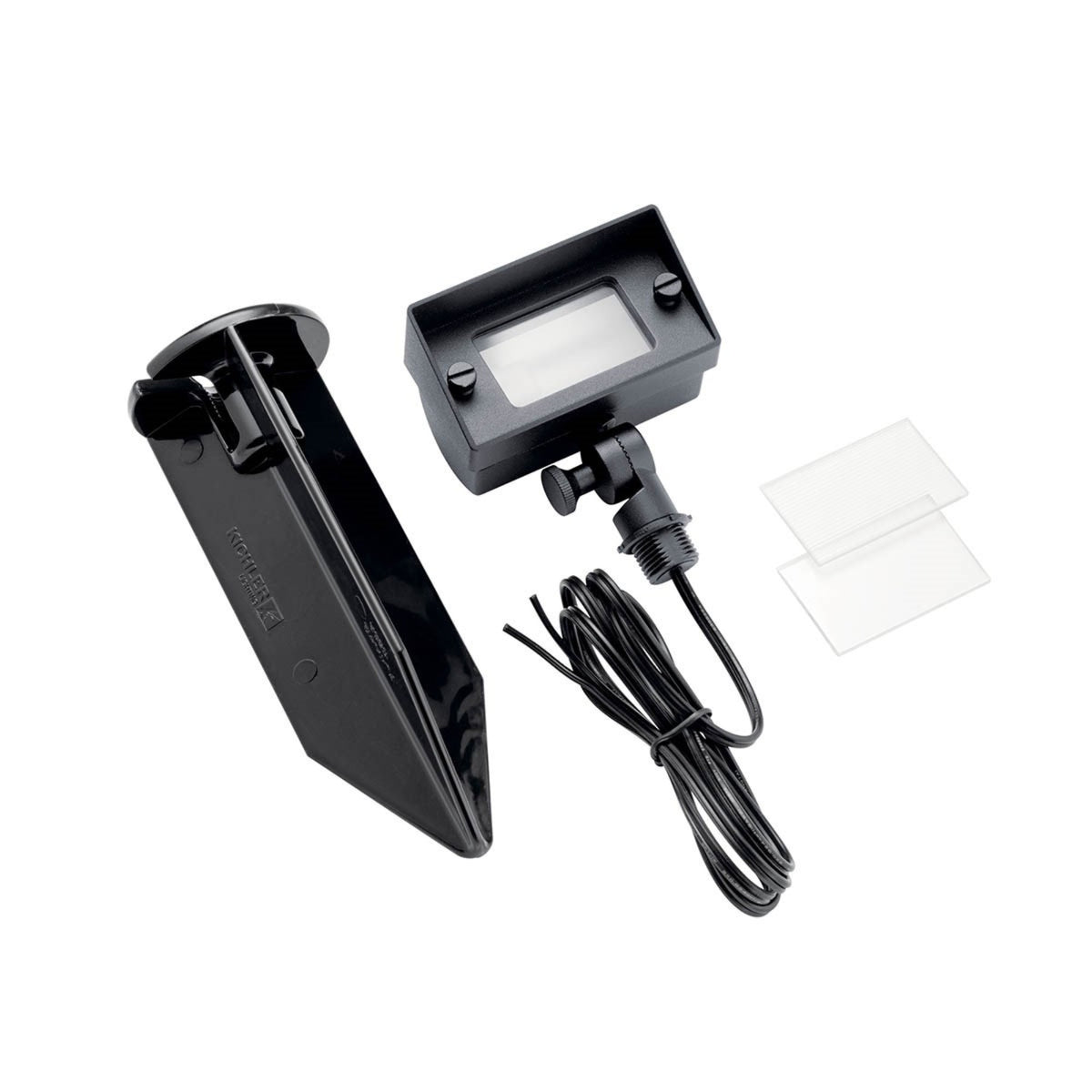 Textured black wall wash light kit with bracket, cord, and included mounting parts