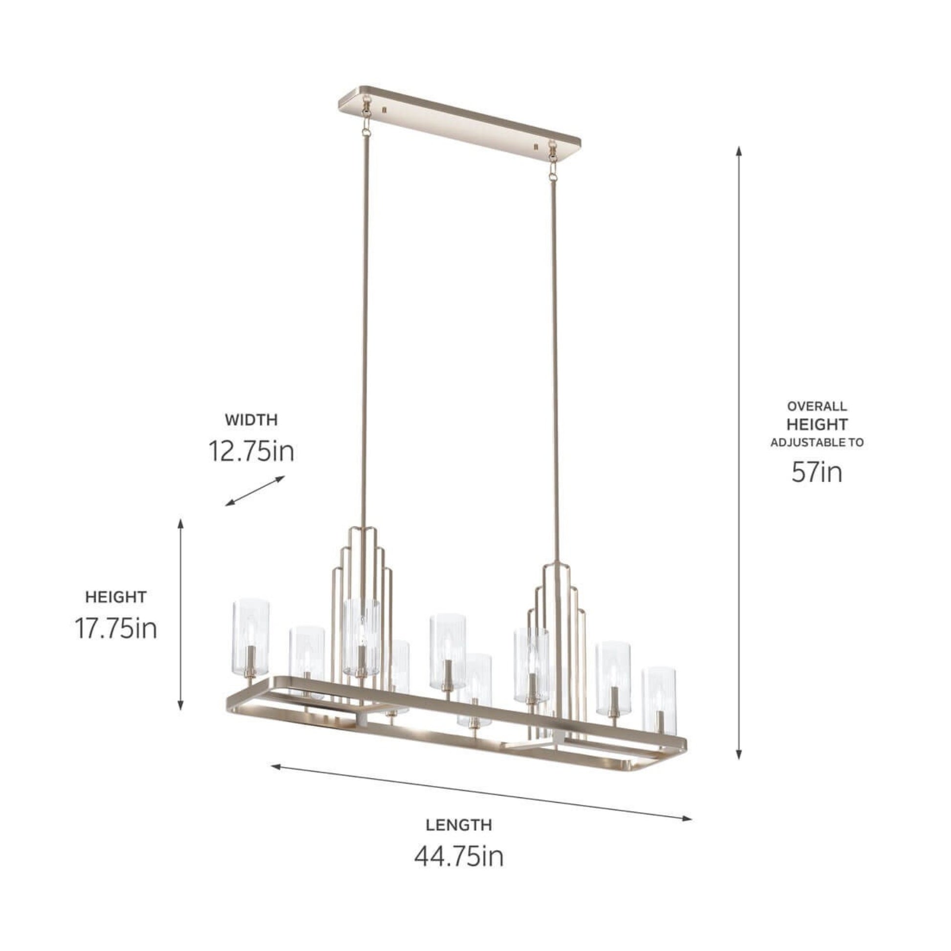 Kimrose 45" 10-Light Linear Chandelier, Polished Nickel Finish - Bees Lighting