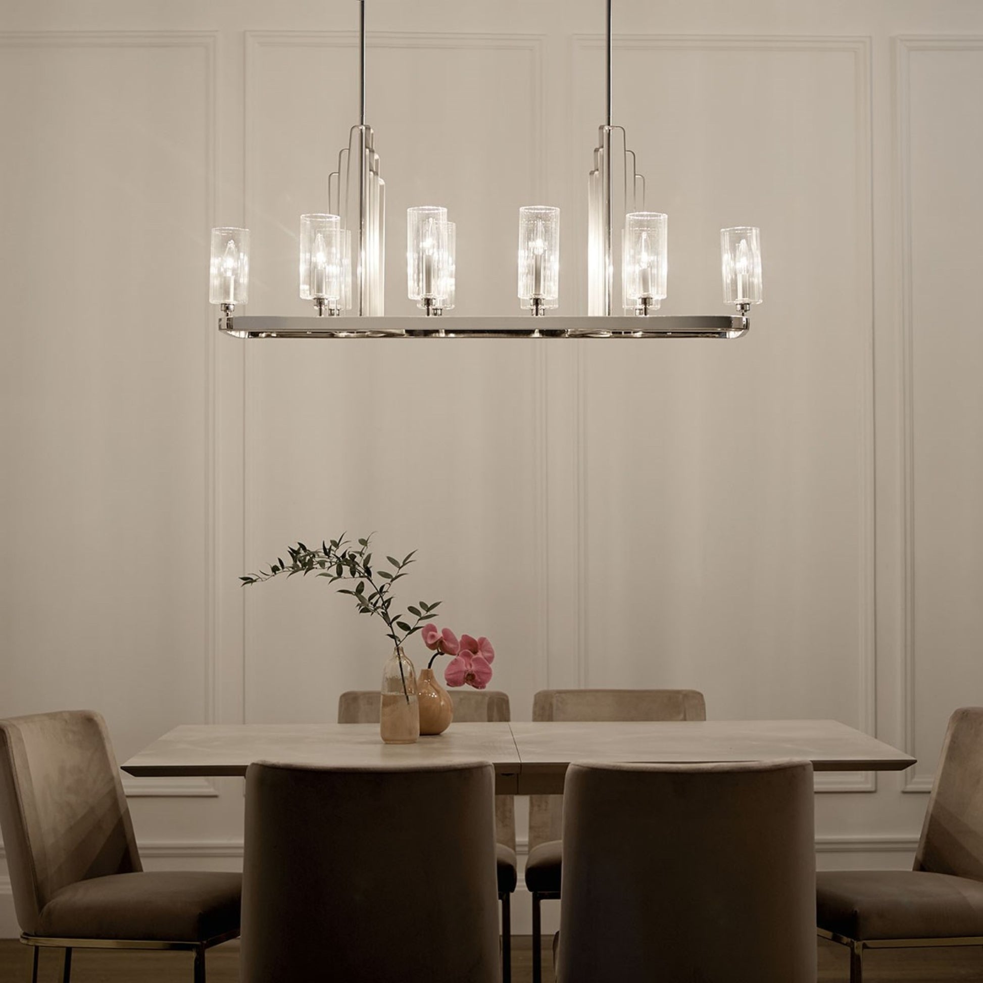 Kimrose 45" 10-Light Linear Chandelier, Polished Nickel Finish - Bees Lighting