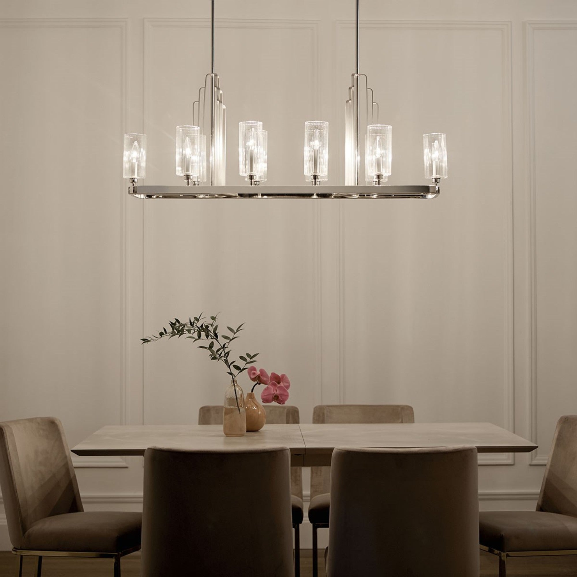 Kimrose 45" 10-Light Linear Chandelier, Polished Nickel Finish - Bees Lighting