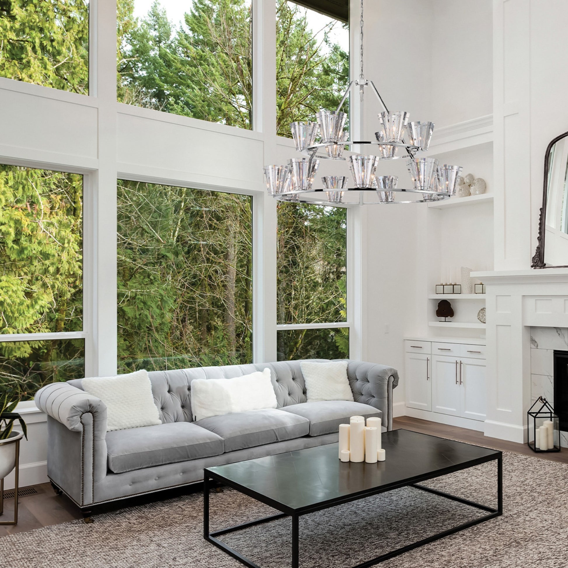 Ricca 2-Tiers 15-Light 51" Grand Chandelier, Chrome Finish with Crystals - Bees Lighting