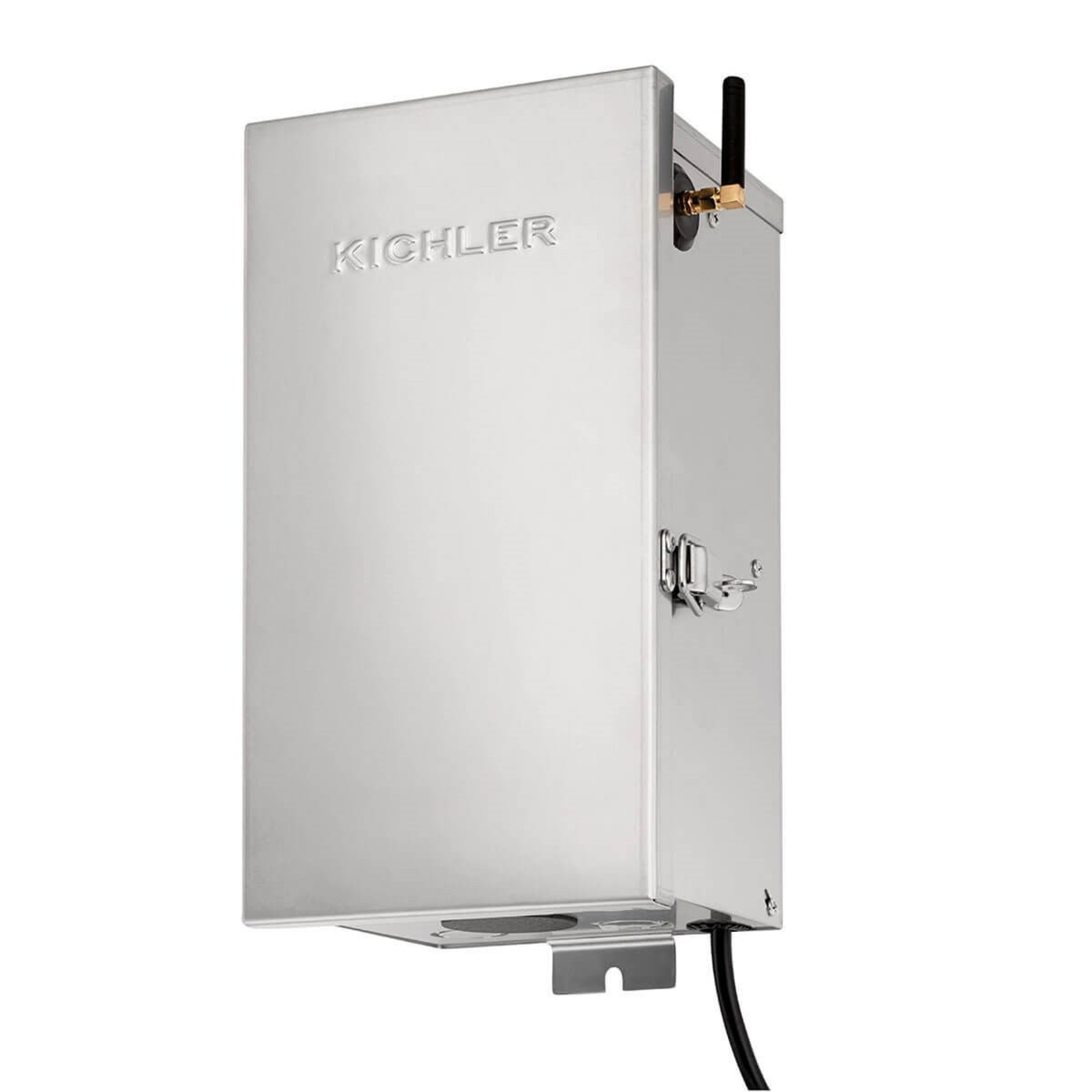 Silver accessory lighting enclosure with Kichler label, antenna rod, and wiring