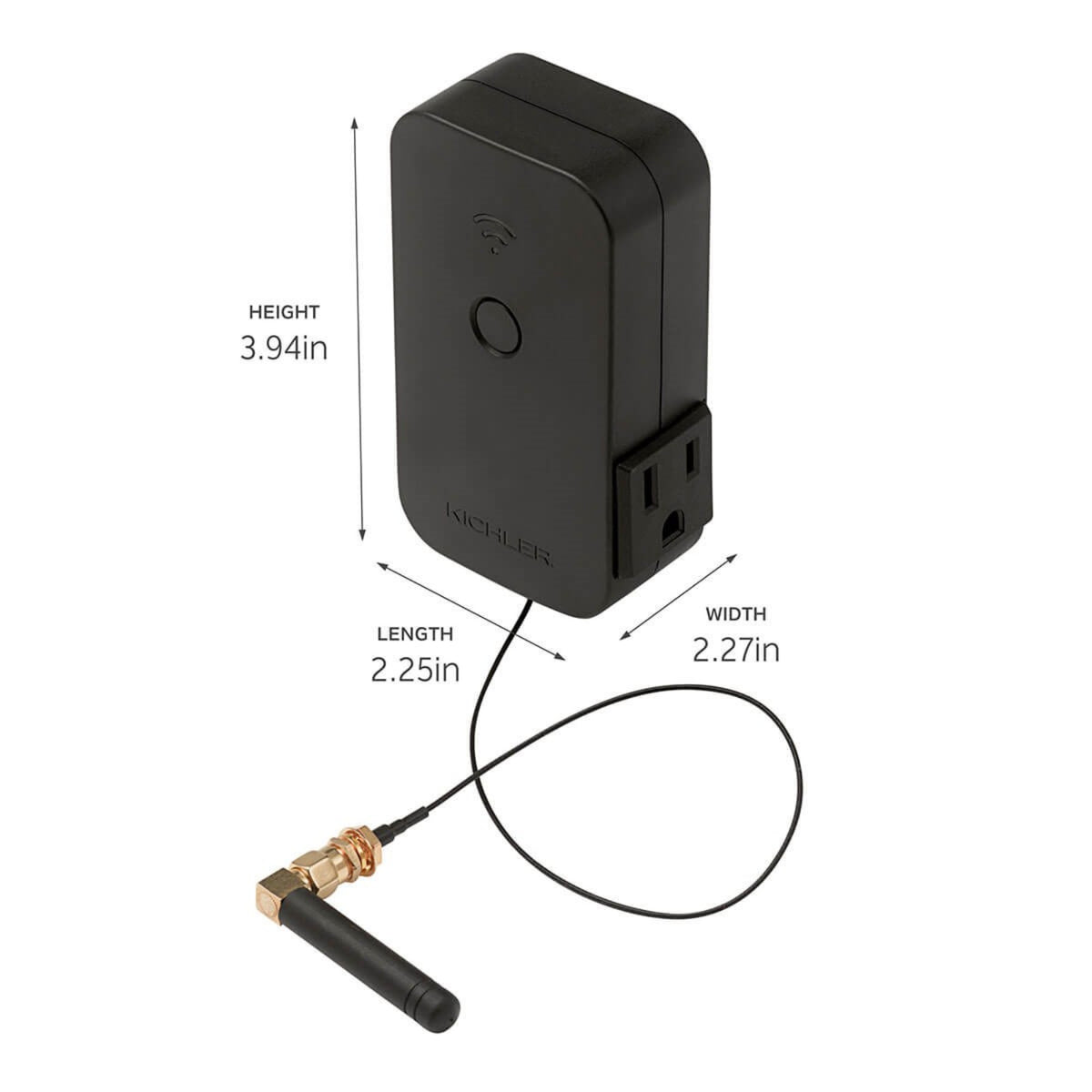 Black wireless lighting accessory module with outlet and wired antenna connector