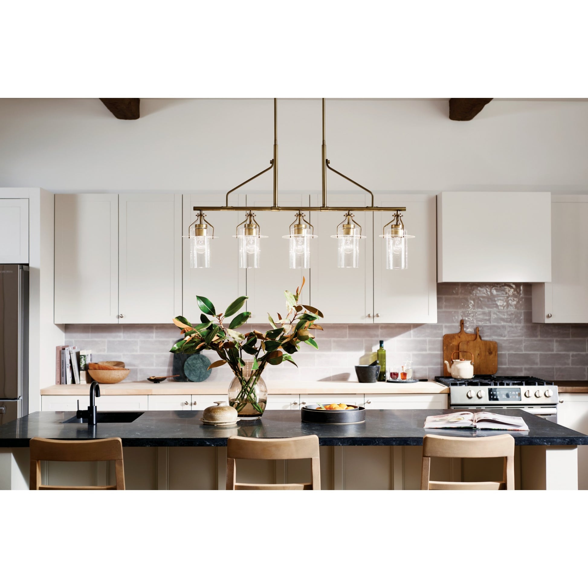 Everett 42" 5-Light Linear Chandelier, Brushed Brass Finish - Bees Lighting