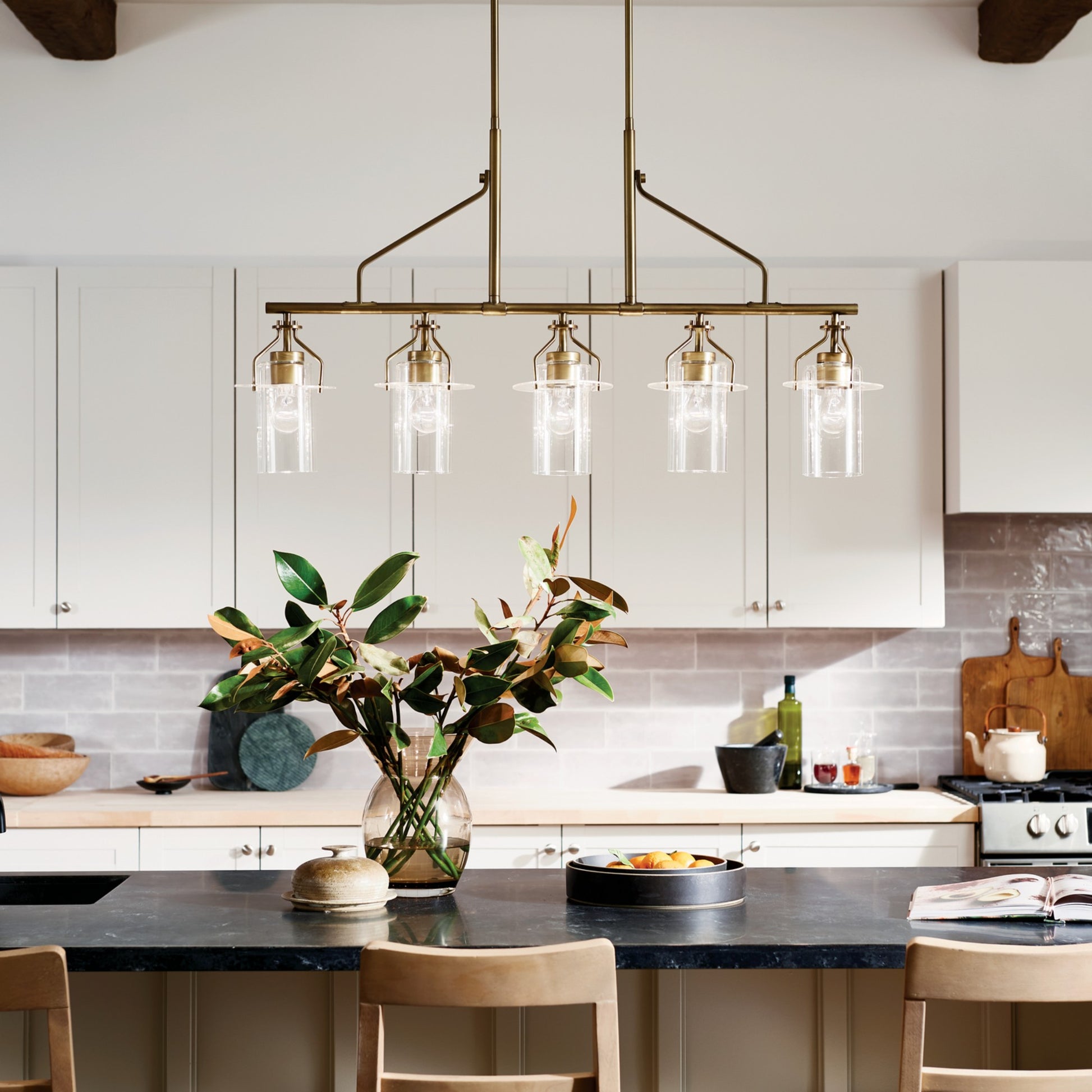 Everett 42" 5-Light Linear Chandelier, Brushed Brass Finish - Bees Lighting