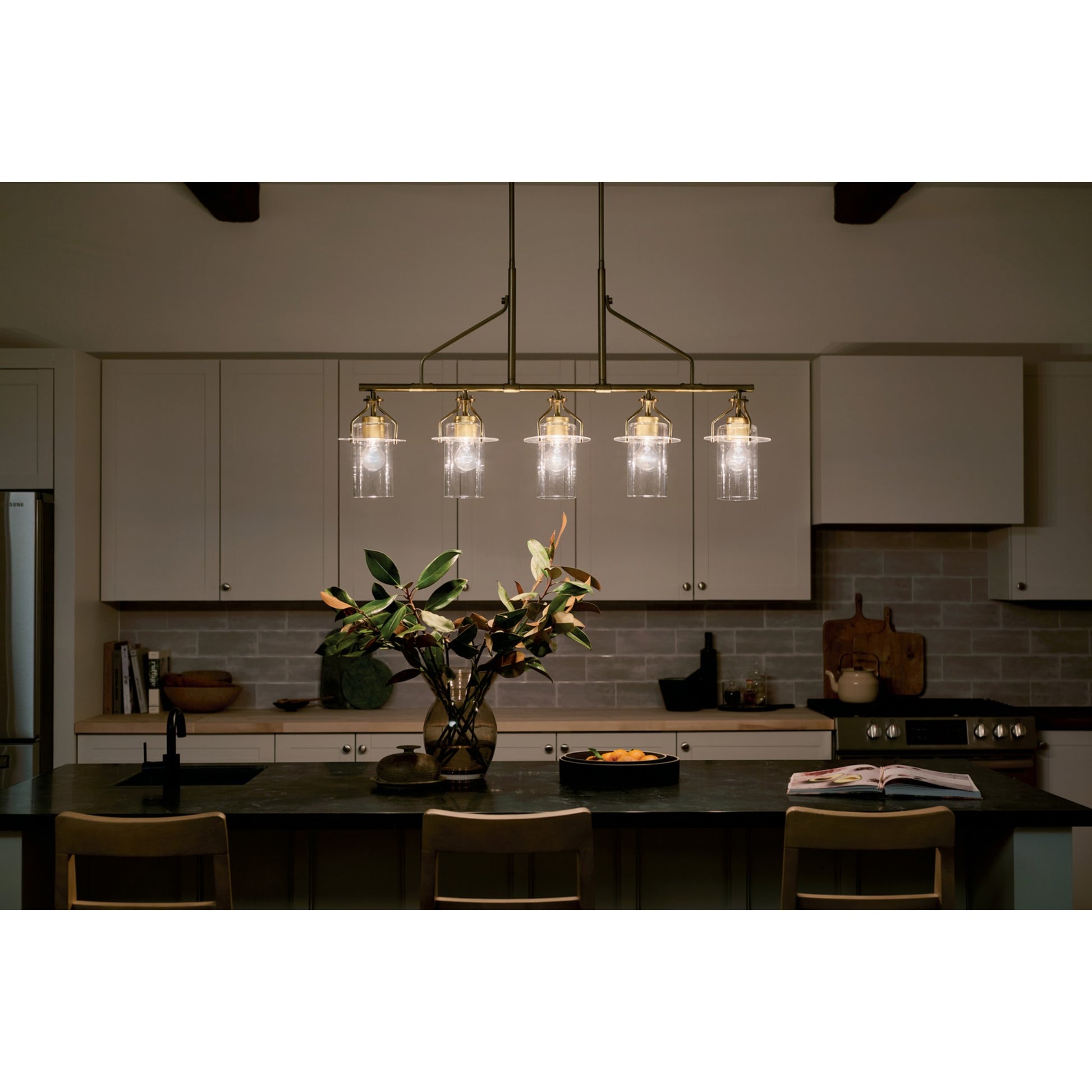 Everett 42" 5-Light Linear Chandelier, Brushed Brass Finish - Bees Lighting