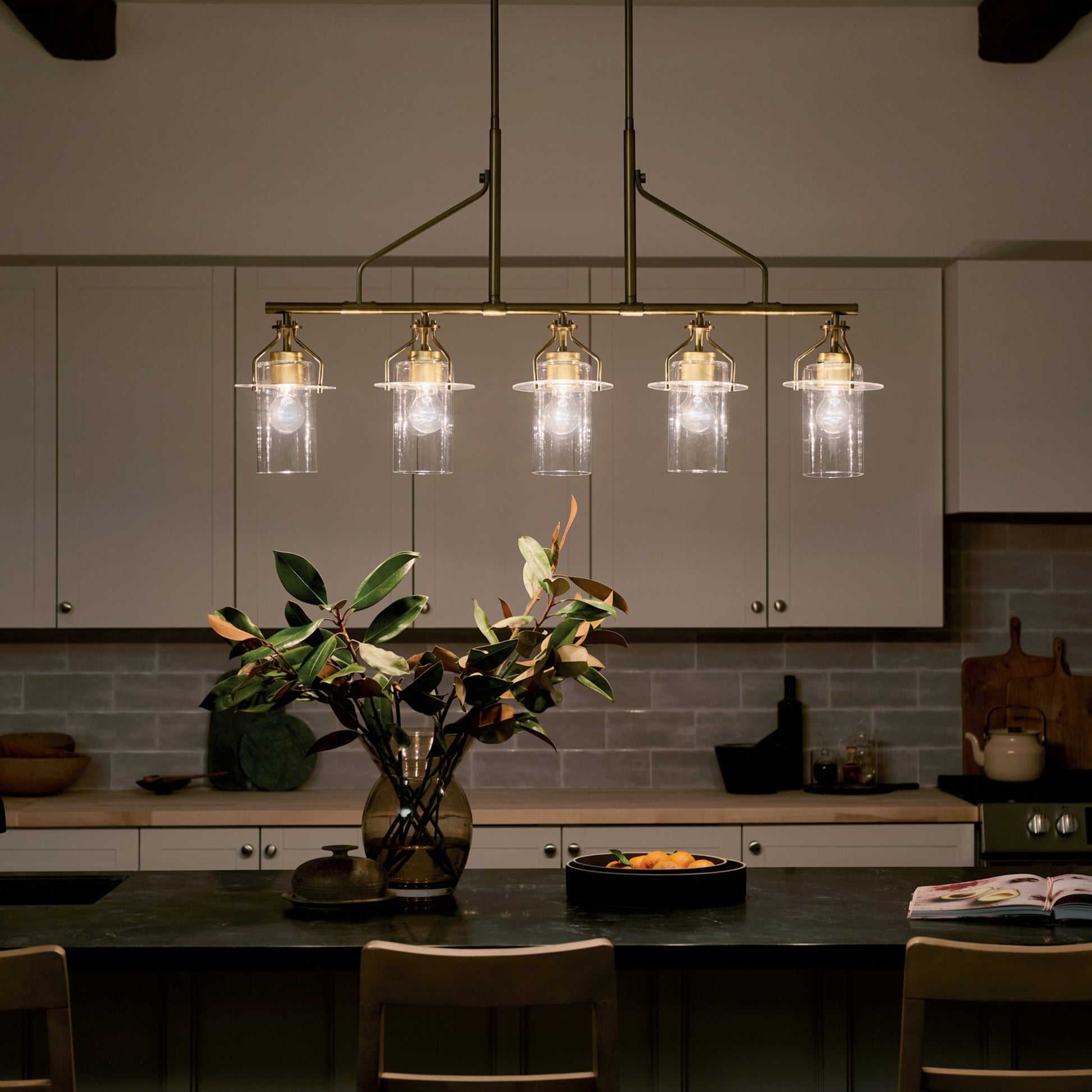 Everett 42" 5-Light Linear Chandelier, Brushed Brass Finish - Bees Lighting