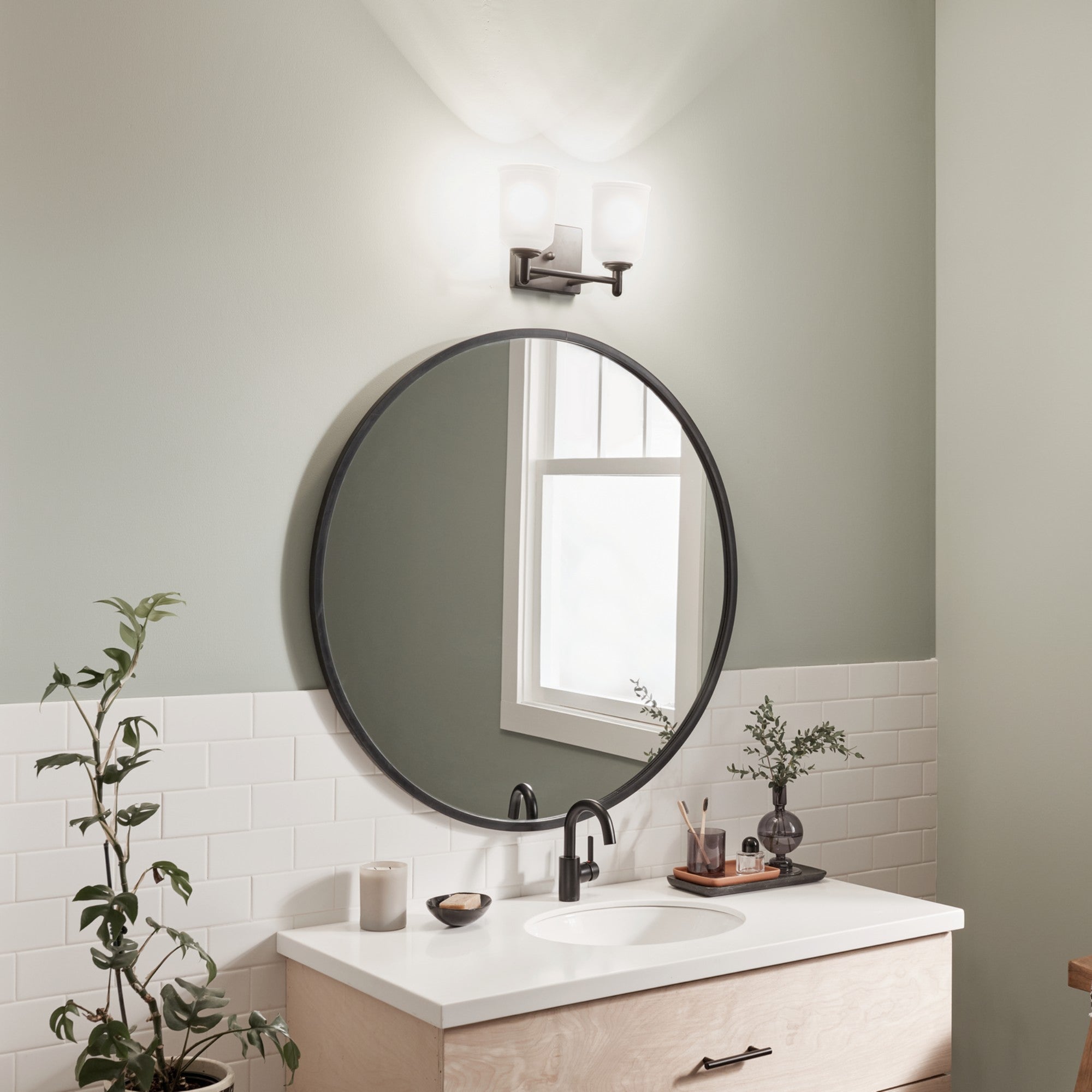 Shailene 13" 2-Light Bath Vanity Light, Black Finish, Etched Glass - Bees Lighting