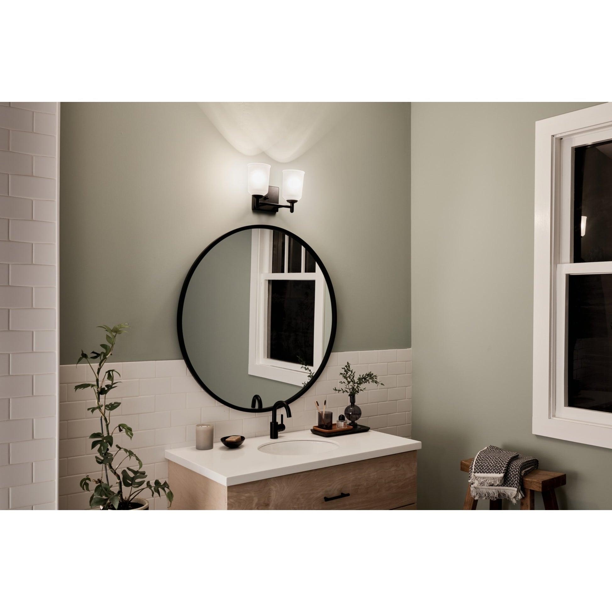 Shailene 13" 2-Light Bath Vanity Light, Black Finish, Etched Glass - Bees Lighting
