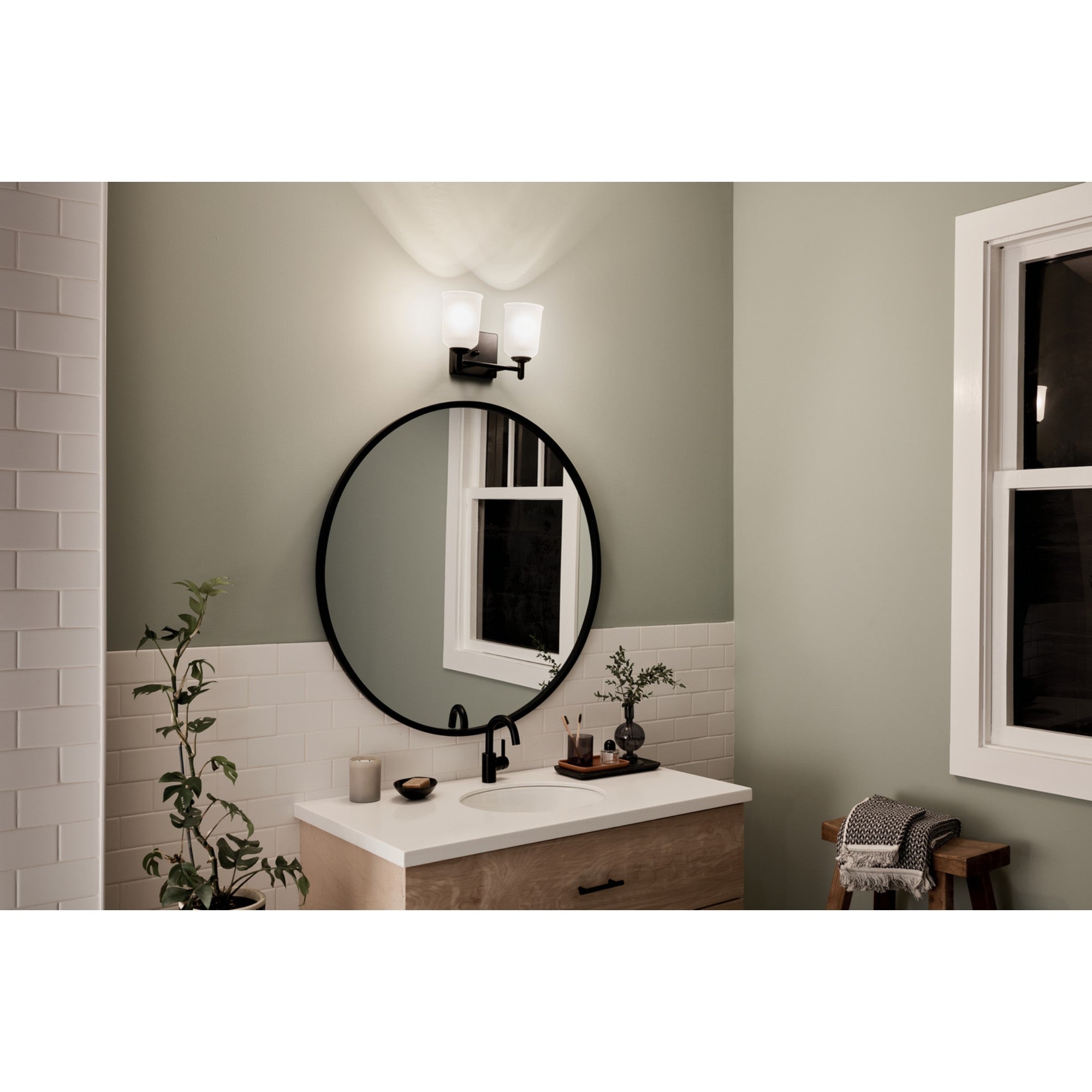 Shailene 13" 2-Light Bath Vanity Light, Black Finish, Etched Glass - Bees Lighting
