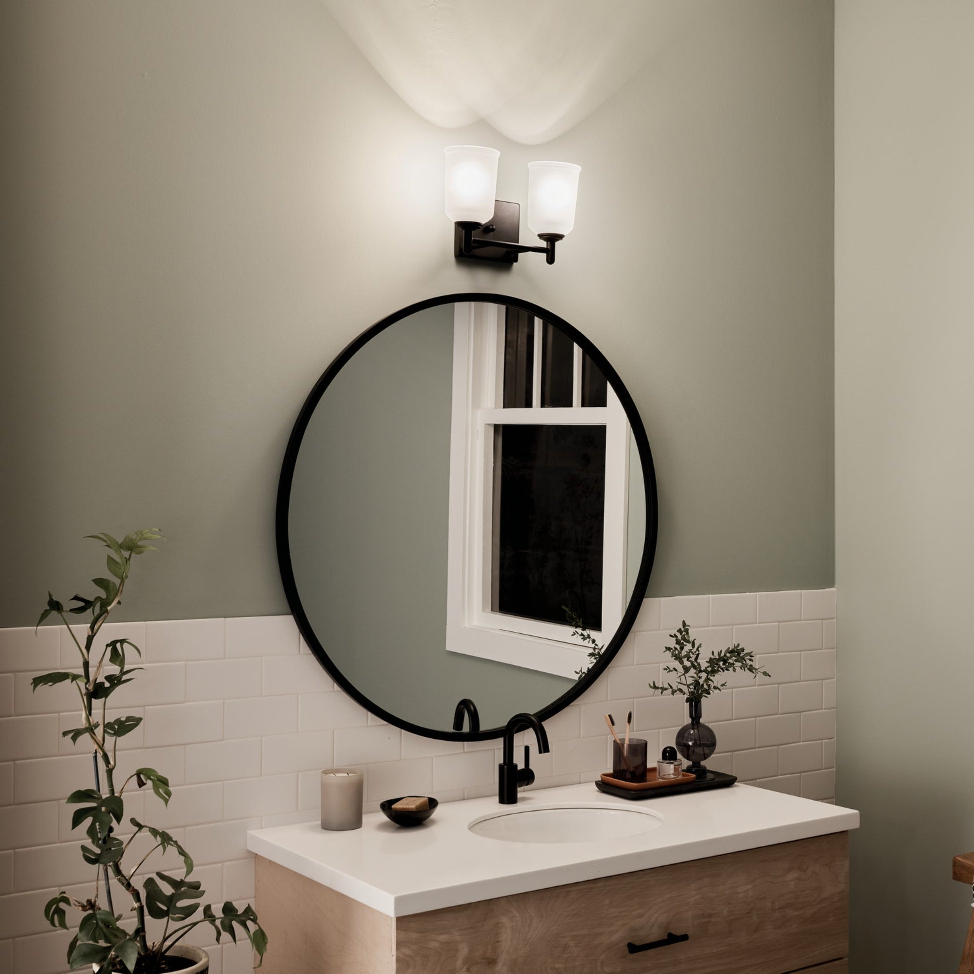 Shailene 13" 2-Light Bath Vanity Light, Black Finish, Etched Glass - Bees Lighting