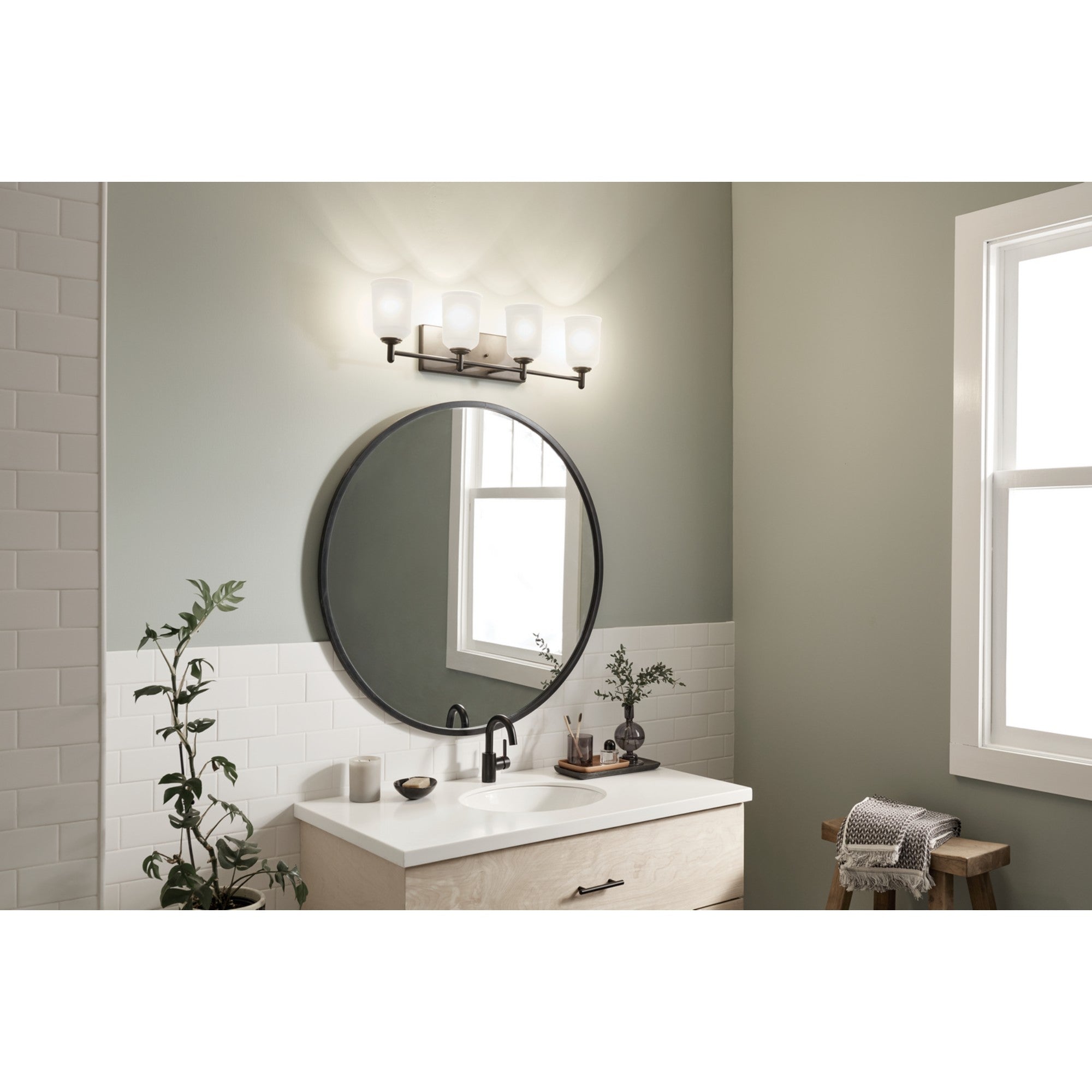Shailene 30" 4-Light Bath Vanity Light, Black Finish, Etched Glass - Bees Lighting