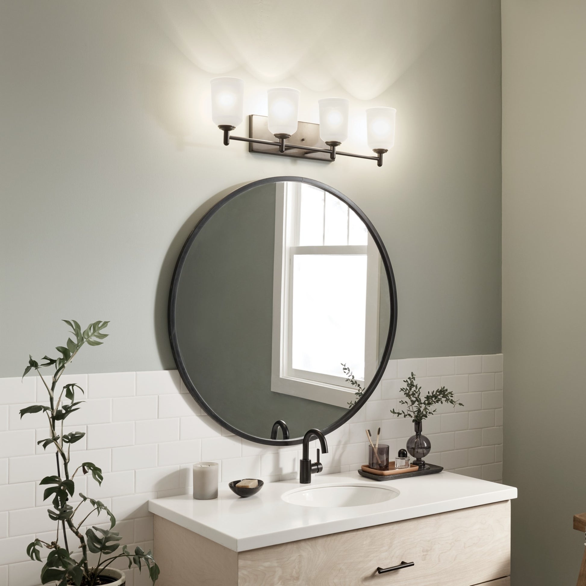 Shailene 30" 4-Light Bath Vanity Light, Black Finish, Etched Glass - Bees Lighting
