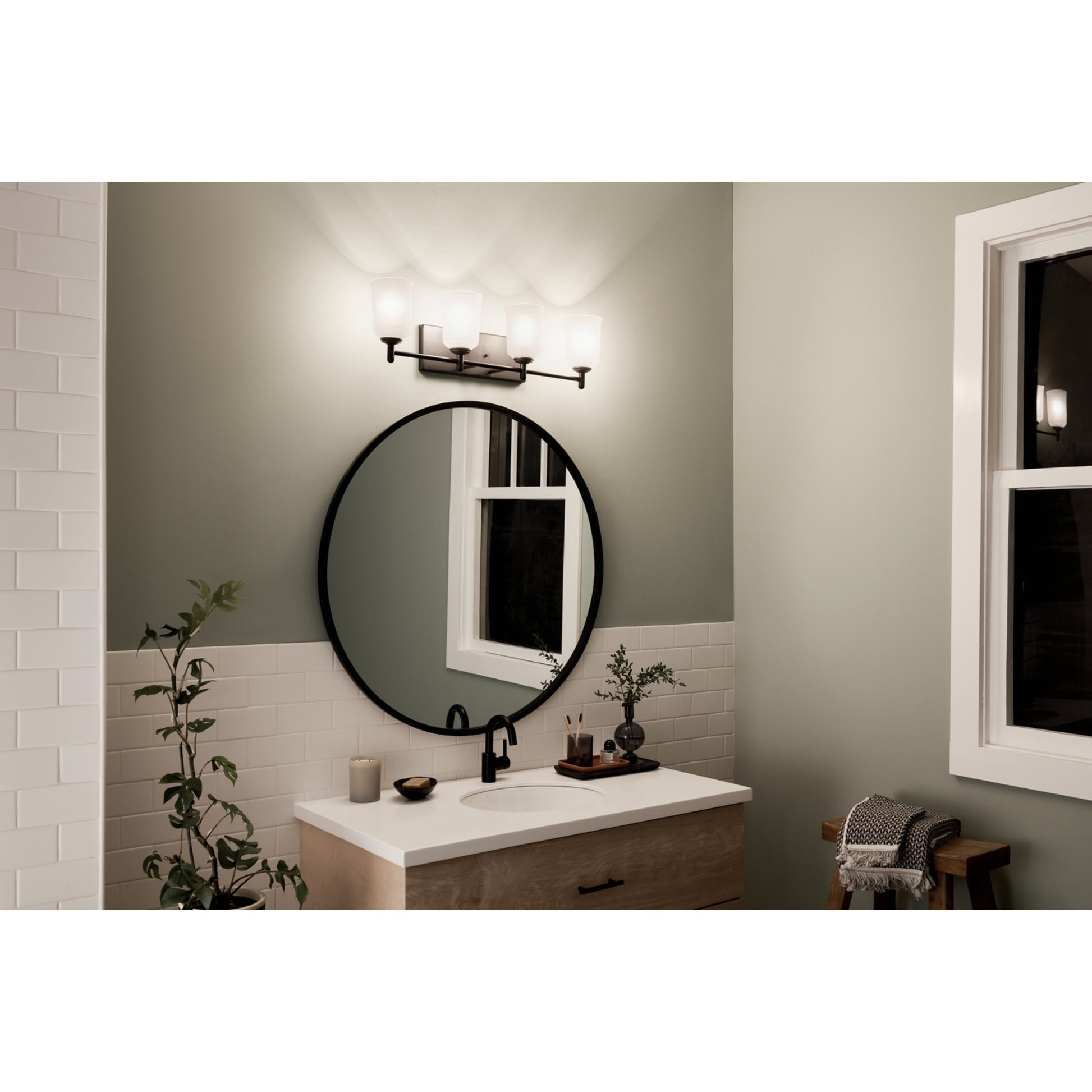 Shailene 30" 4-Light Bath Vanity Light, Black Finish, Etched Glass - Bees Lighting