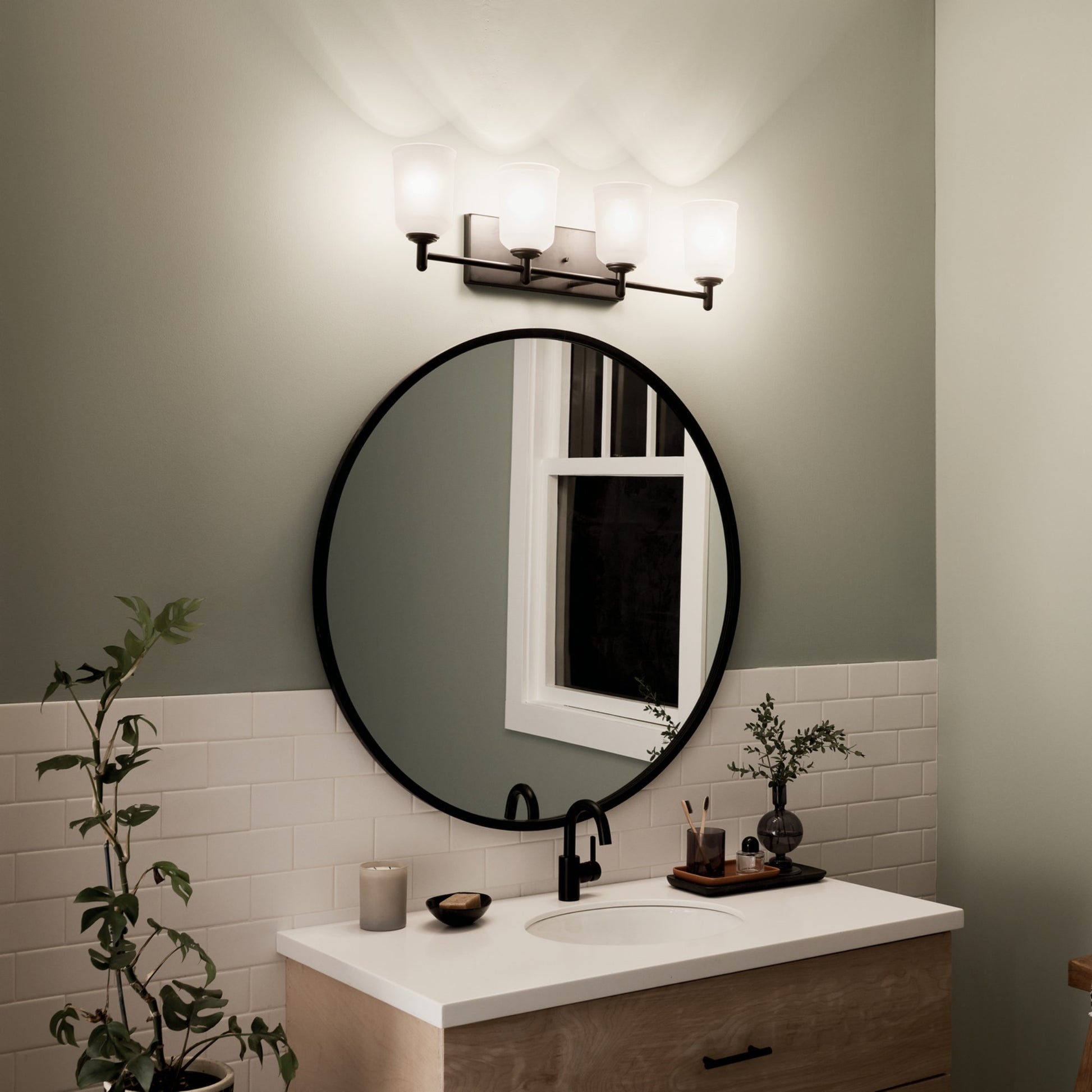 Shailene 30" 4-Light Bath Vanity Light, Black Finish, Etched Glass - Bees Lighting
