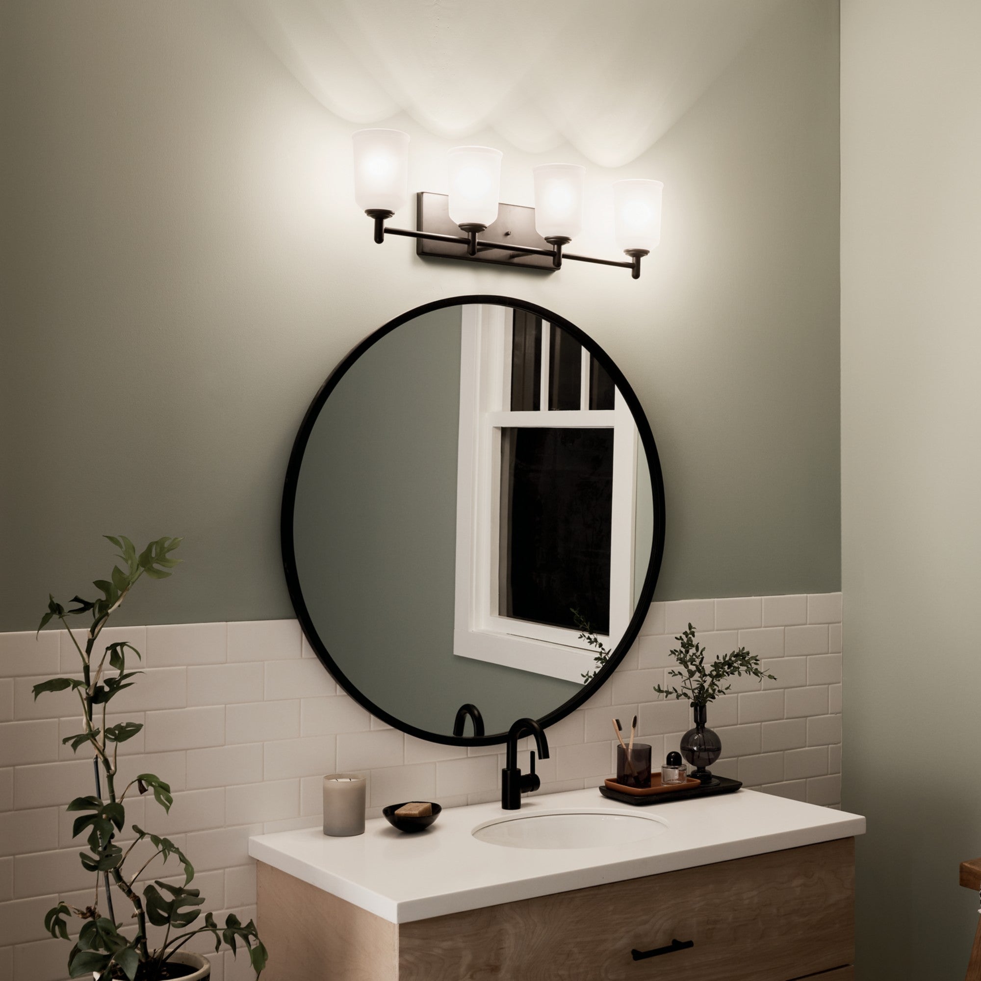 Shailene 30" 4-Light Bath Vanity Light, Black Finish, Etched Glass - Bees Lighting