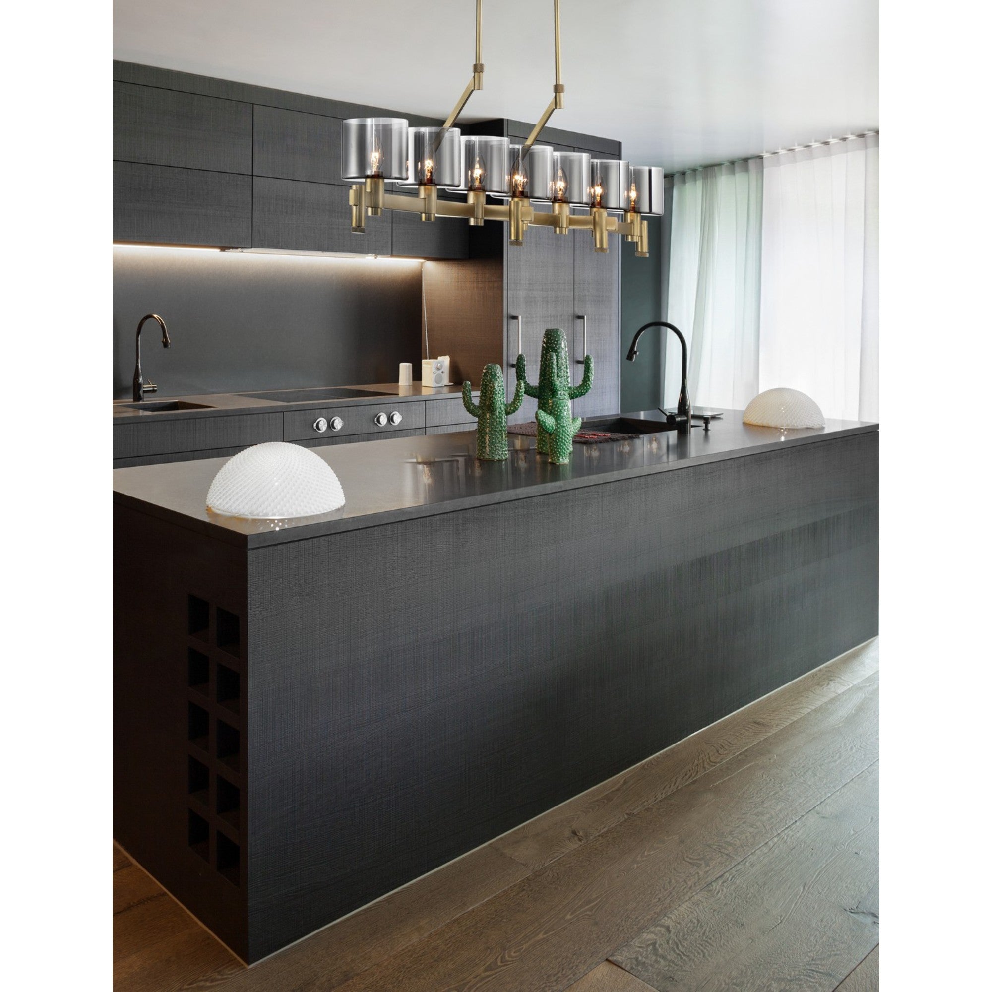 Decato 5-Light 42" Linear Chandelier, Satin Gold Finish with Smoked Glass - Bees Lighting