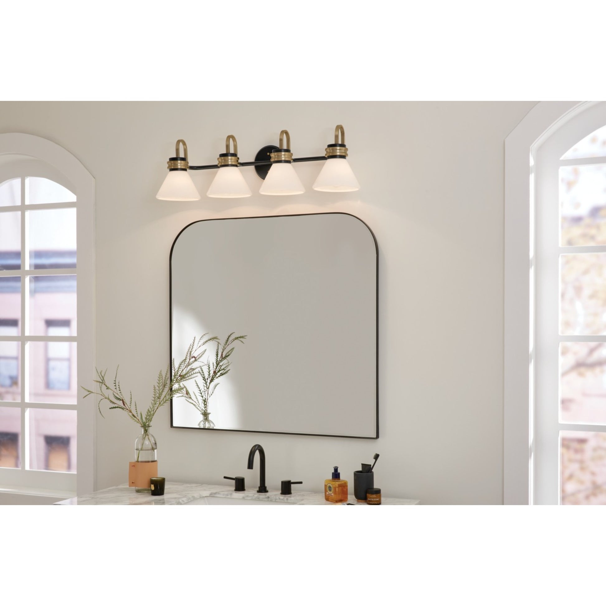 Farum 34" 4-Light Bath Vanity Light, Black Finish, Etched Glass - Bees Lighting