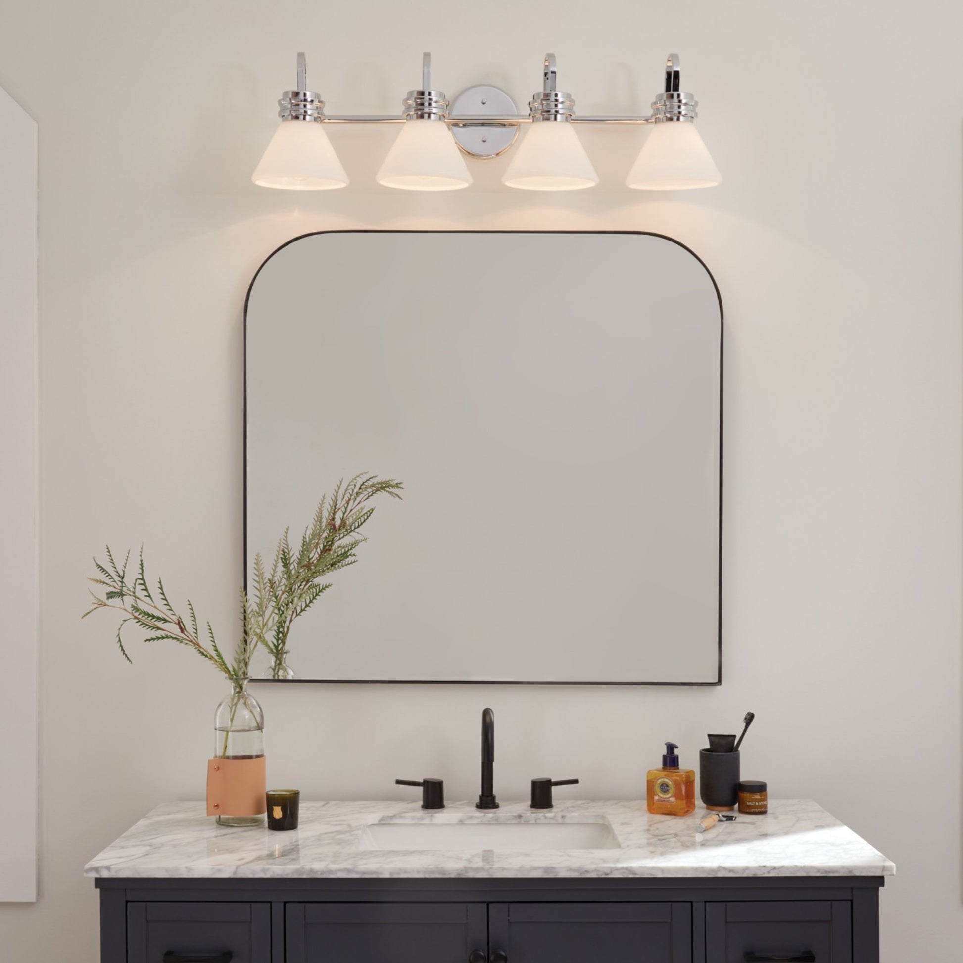 Farum 34" 4-Light Bath Vanity Light, Chrome Finish, Etched Glass - Bees Lighting