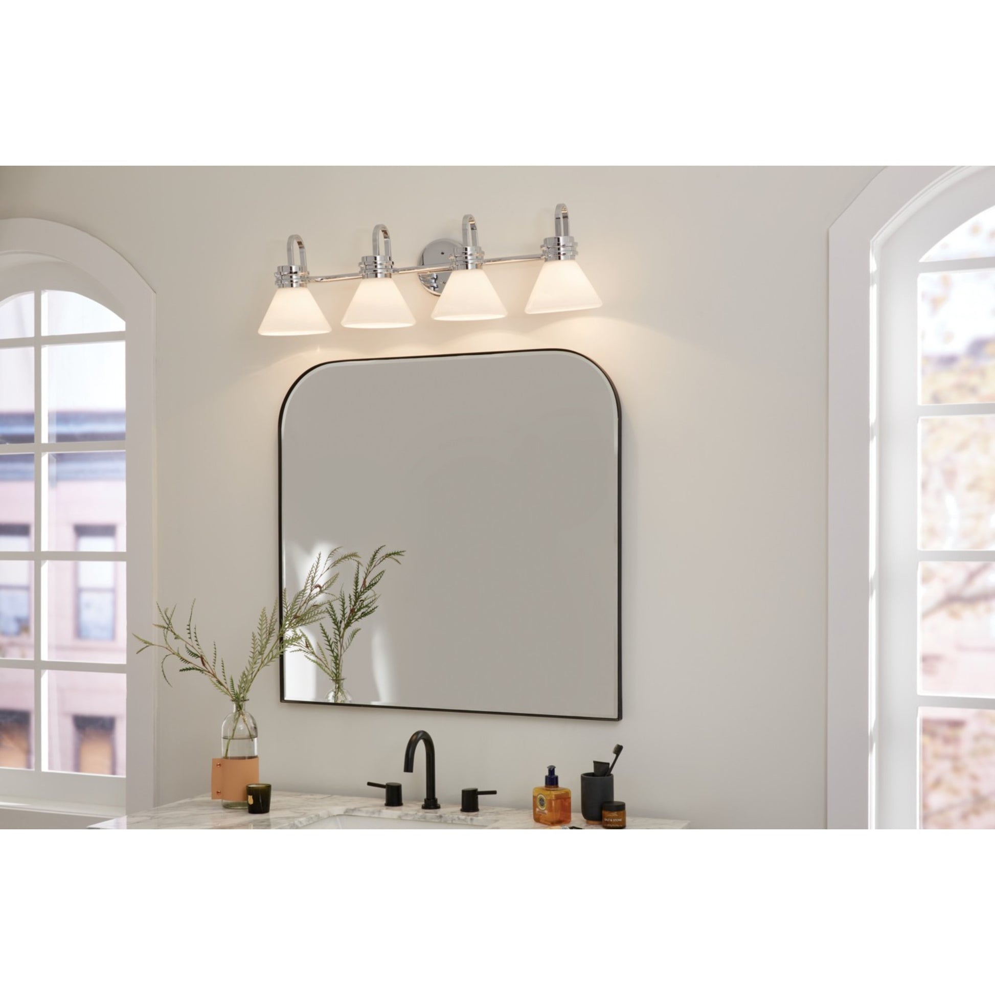 Farum 34" 4-Light Bath Vanity Light, Chrome Finish, Etched Glass - Bees Lighting