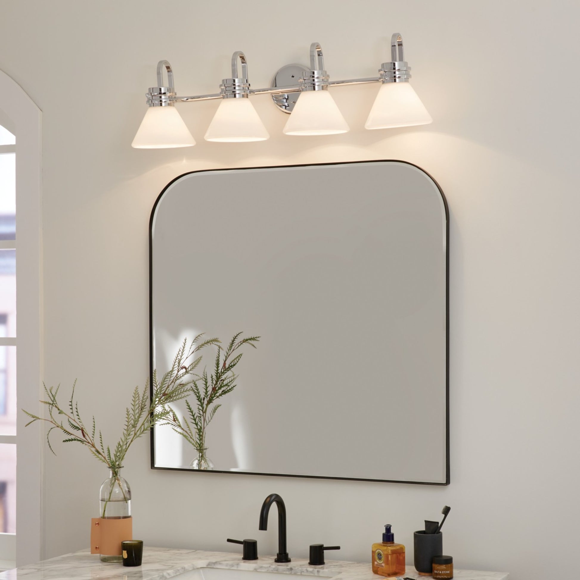 Farum 34" 4-Light Bath Vanity Light, Chrome Finish, Etched Glass - Bees Lighting