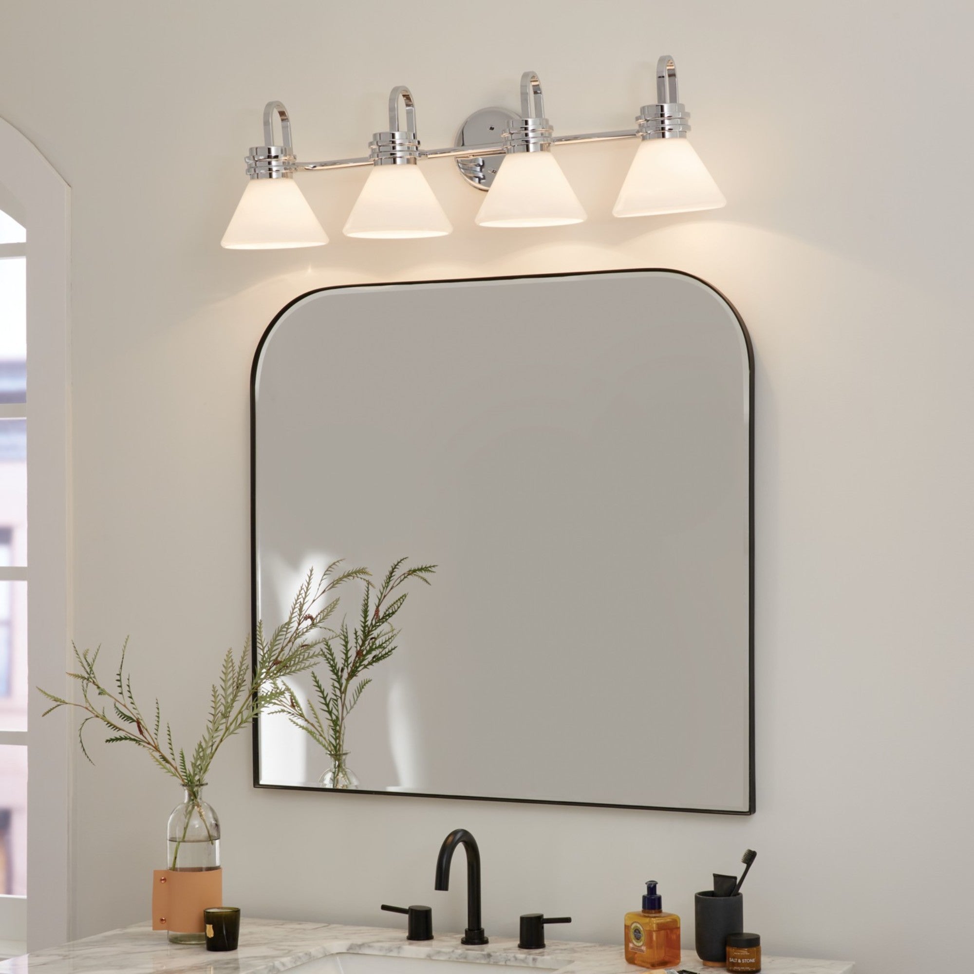 Farum 34" 4-Light Bath Vanity Light, Chrome Finish, Etched Glass - Bees Lighting
