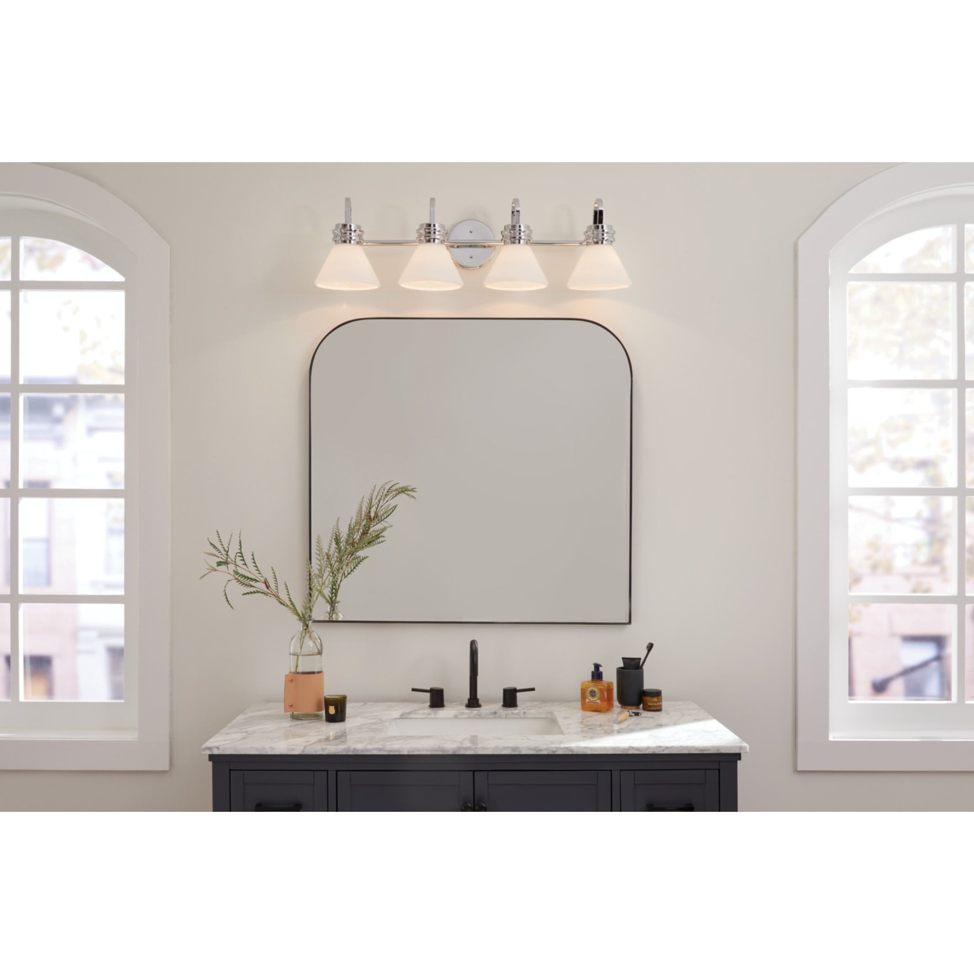 Farum 34" 4-Light Bath Vanity Light, Chrome Finish, Etched Glass - Bees Lighting