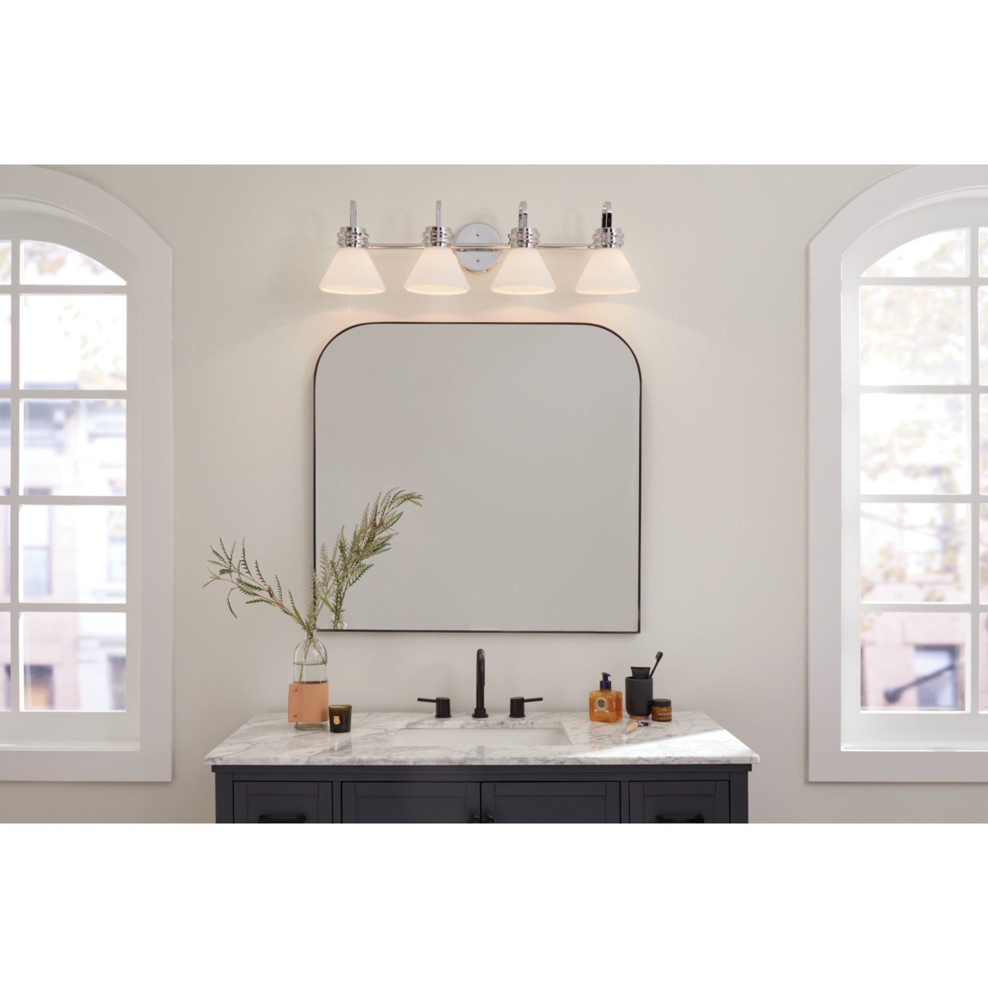 Farum 34" 4-Light Bath Vanity Light, Chrome Finish, Etched Glass - Bees Lighting