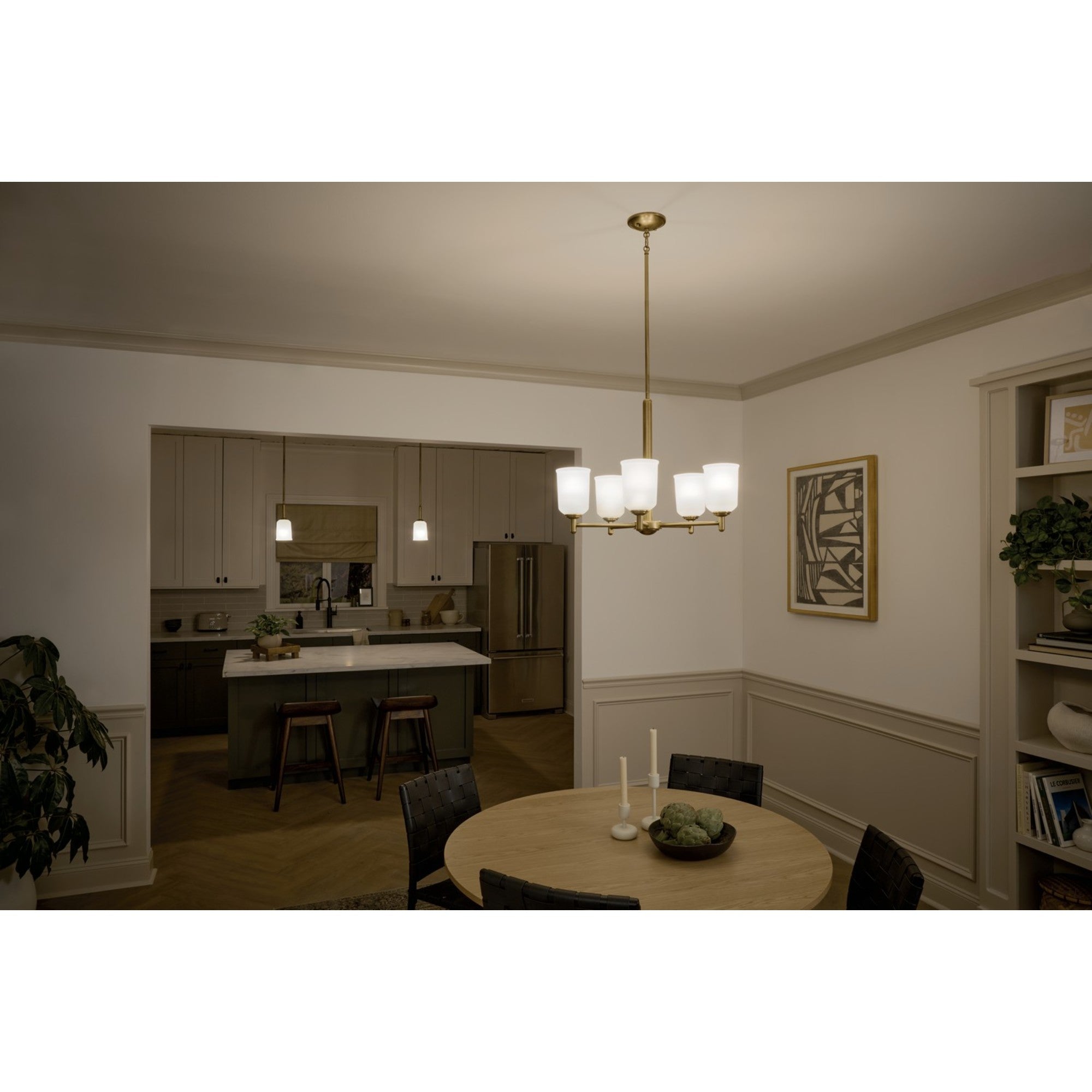 Shailene 24" 5-Light Chandelier, Natural Brass Finish, Etched Glass - Bees Lighting