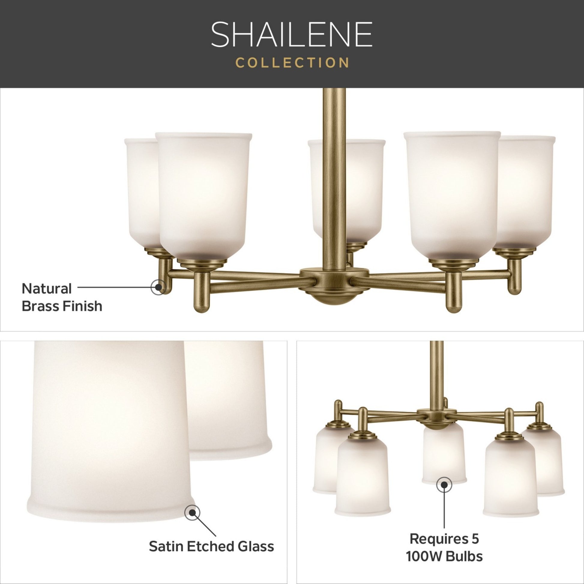 Shailene 24" 5-Light Chandelier, Natural Brass Finish, Etched Glass - Bees Lighting