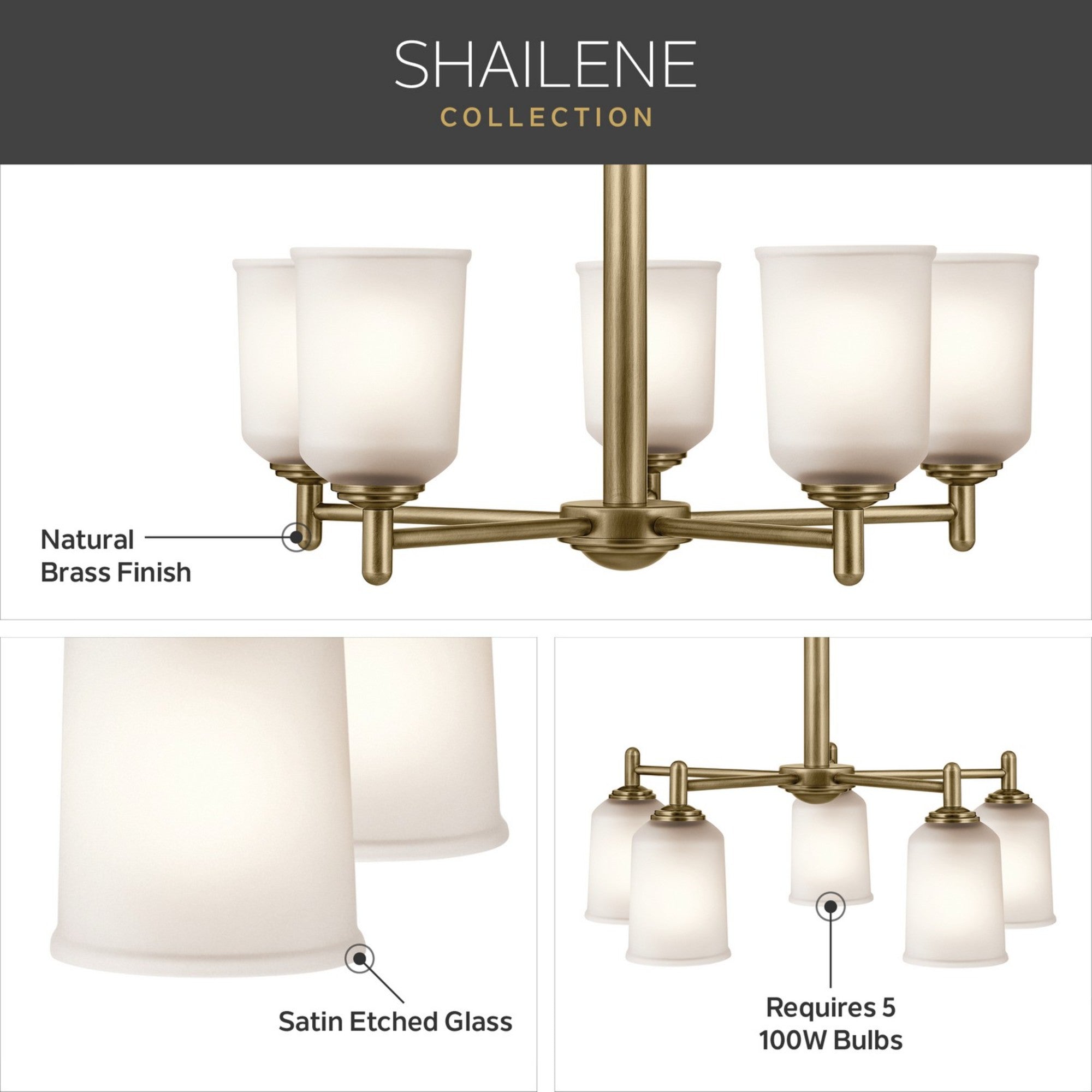 Shailene 24" 5-Light Chandelier, Natural Brass Finish, Etched Glass - Bees Lighting