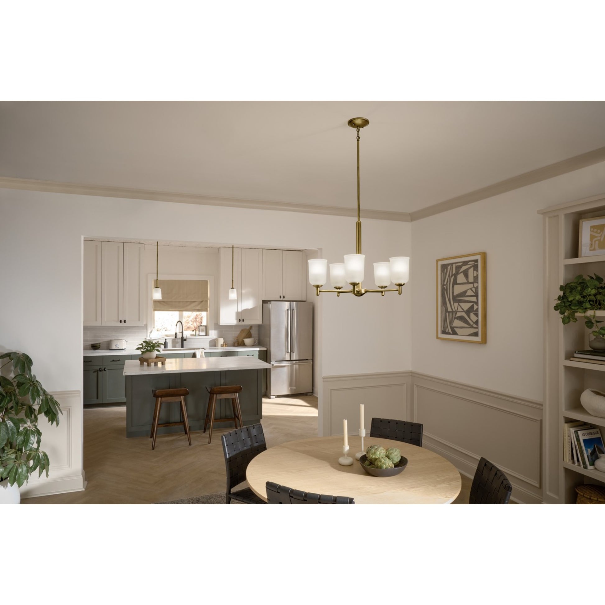 Shailene 24" 5-Light Chandelier, Natural Brass Finish, Etched Glass - Bees Lighting