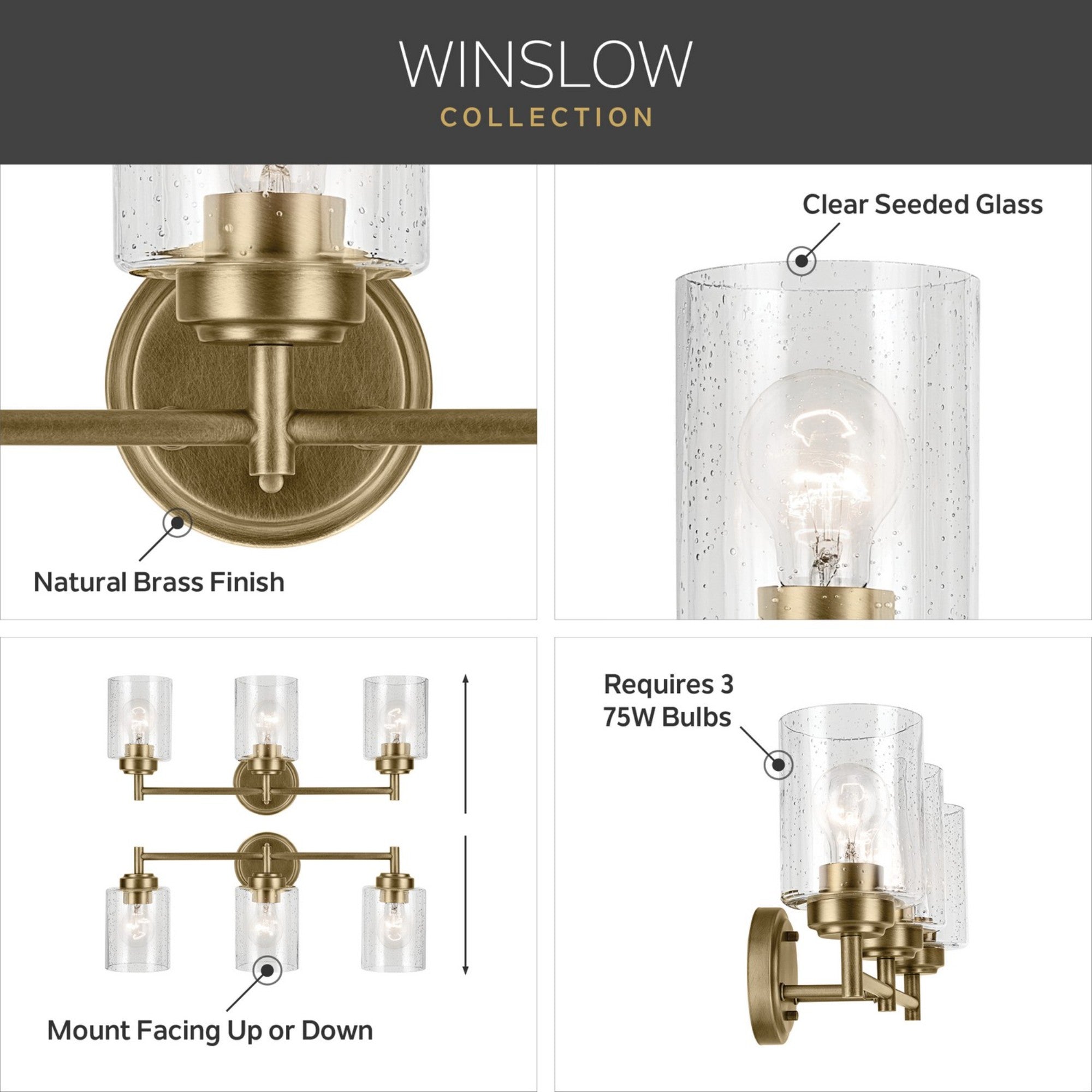 Winslow 22" 3-Light Bath Vanity Light, Natural Brass Finish - Bees Lighting