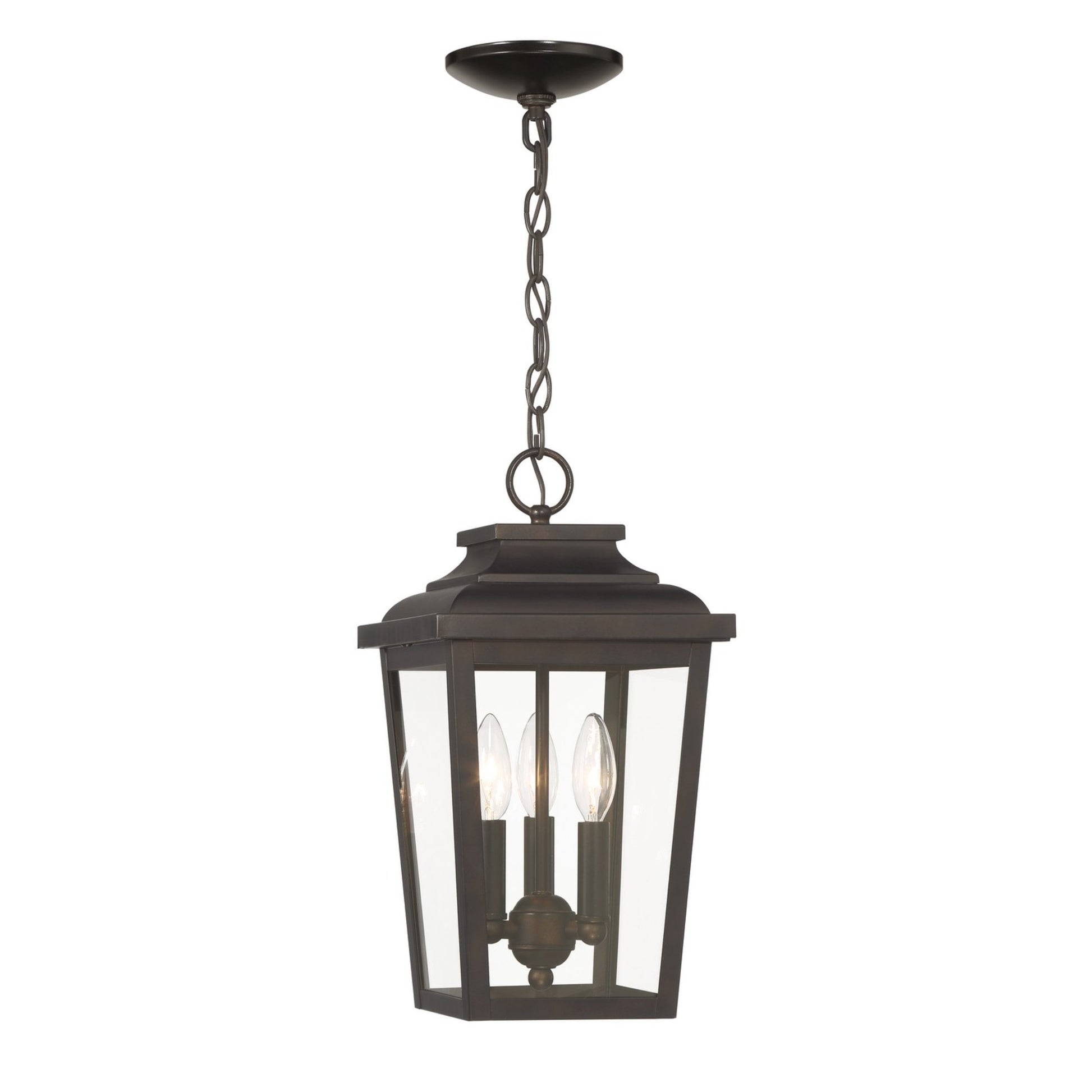 Irvington Manor 16" 3-Light Outdoor Chain Hung with Clear Glass, Chelesa Bronze Finish - Bees Lighting
