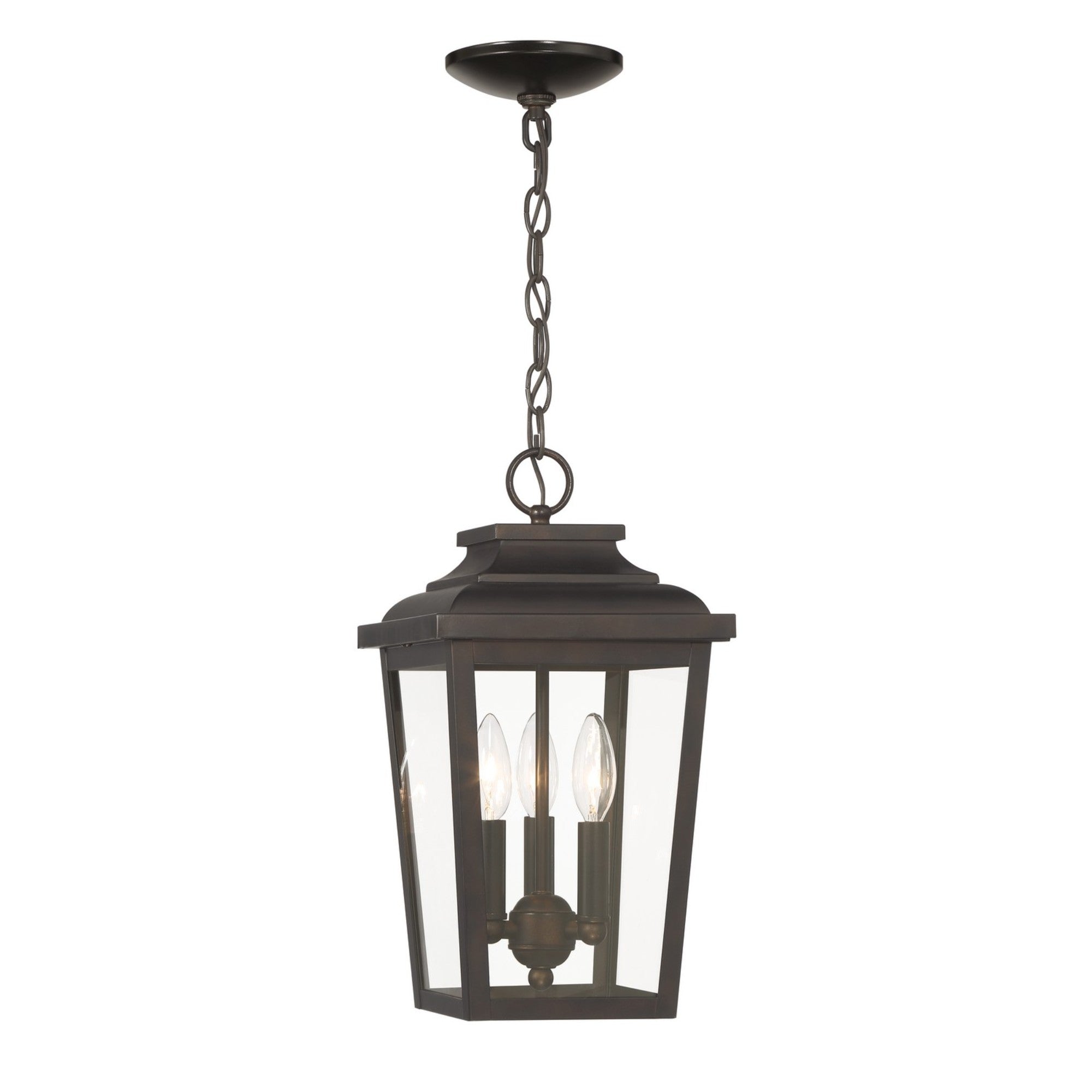 Irvington Manor 16" 3-Light Outdoor Chain Hung with Clear Glass, Chelesa Bronze Finish - Bees Lighting