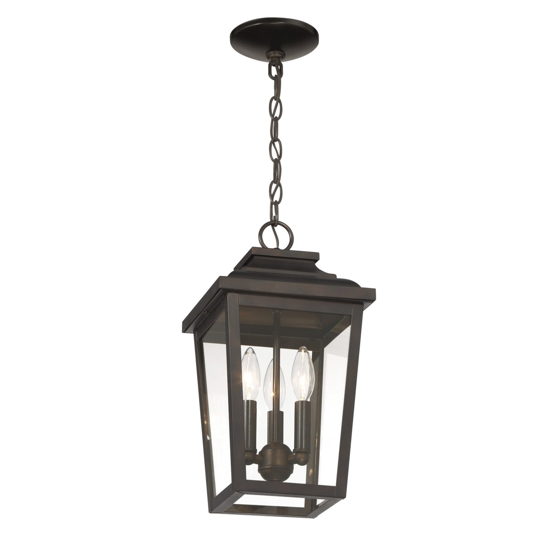 Irvington Manor 16" 3-Light Outdoor Chain Hung with Clear Glass, Chelesa Bronze Finish - Bees Lighting
