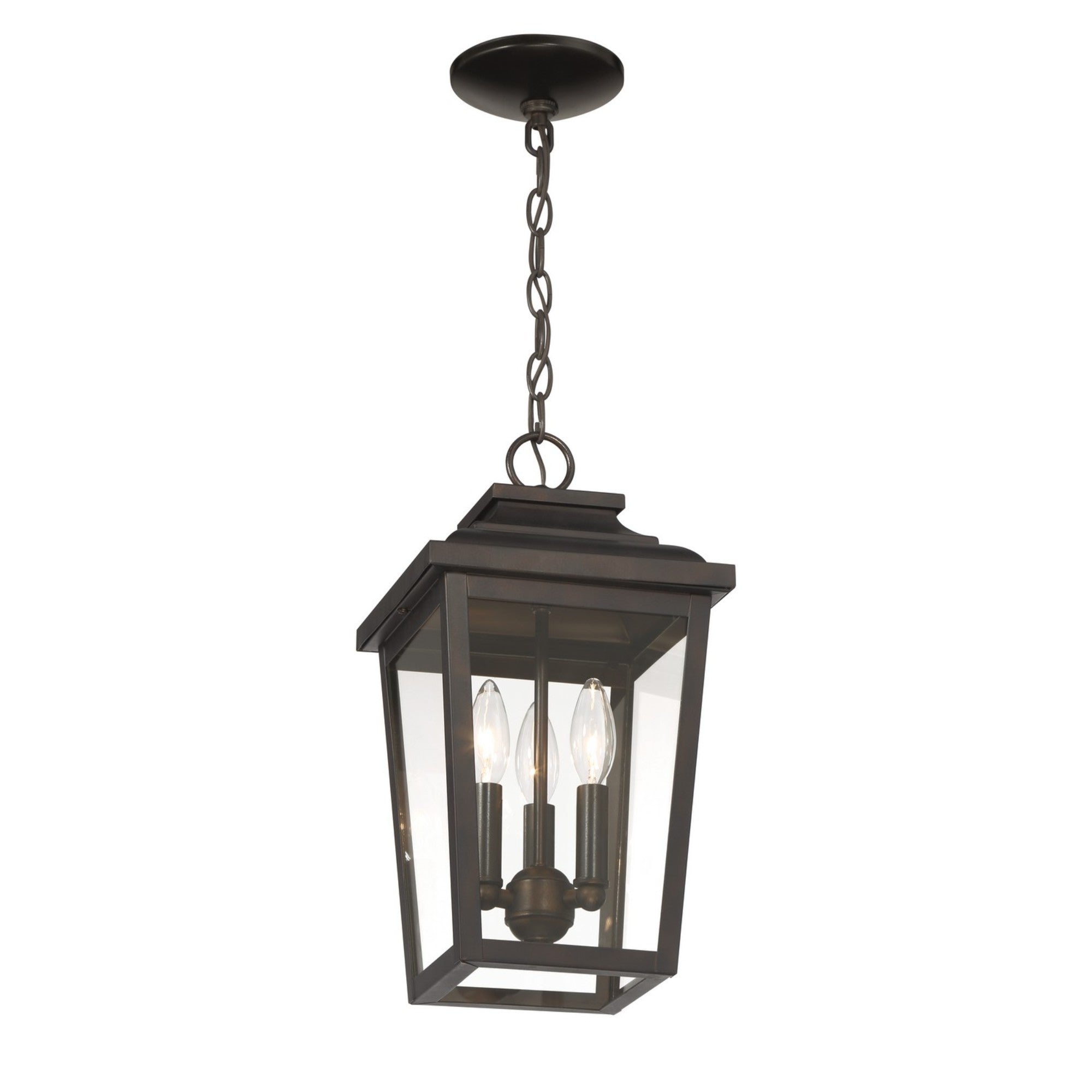 Irvington Manor 16" 3-Light Outdoor Chain Hung with Clear Glass, Chelesa Bronze Finish - Bees Lighting