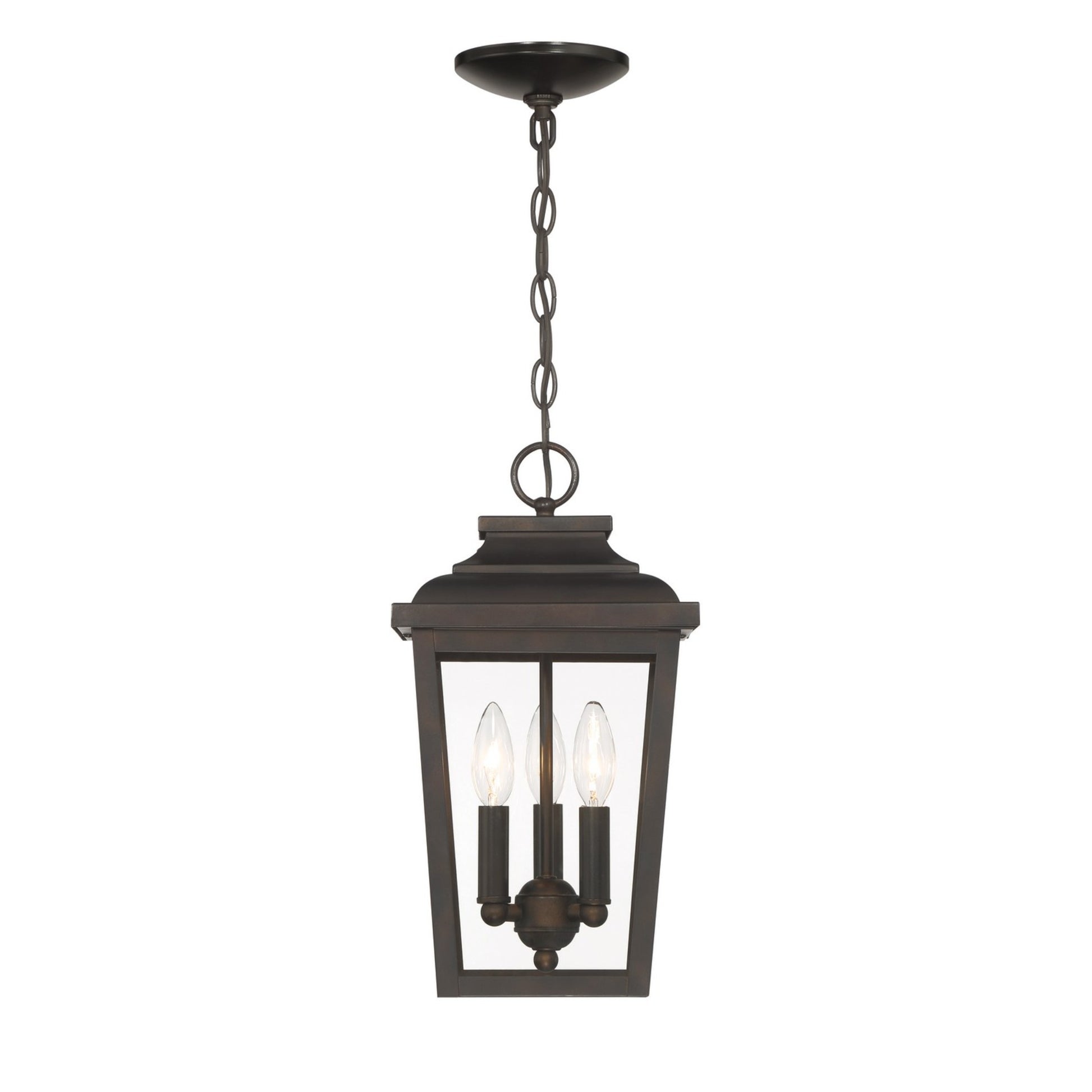 Irvington Manor 16" 3-Light Outdoor Chain Hung with Clear Glass, Chelesa Bronze Finish - Bees Lighting
