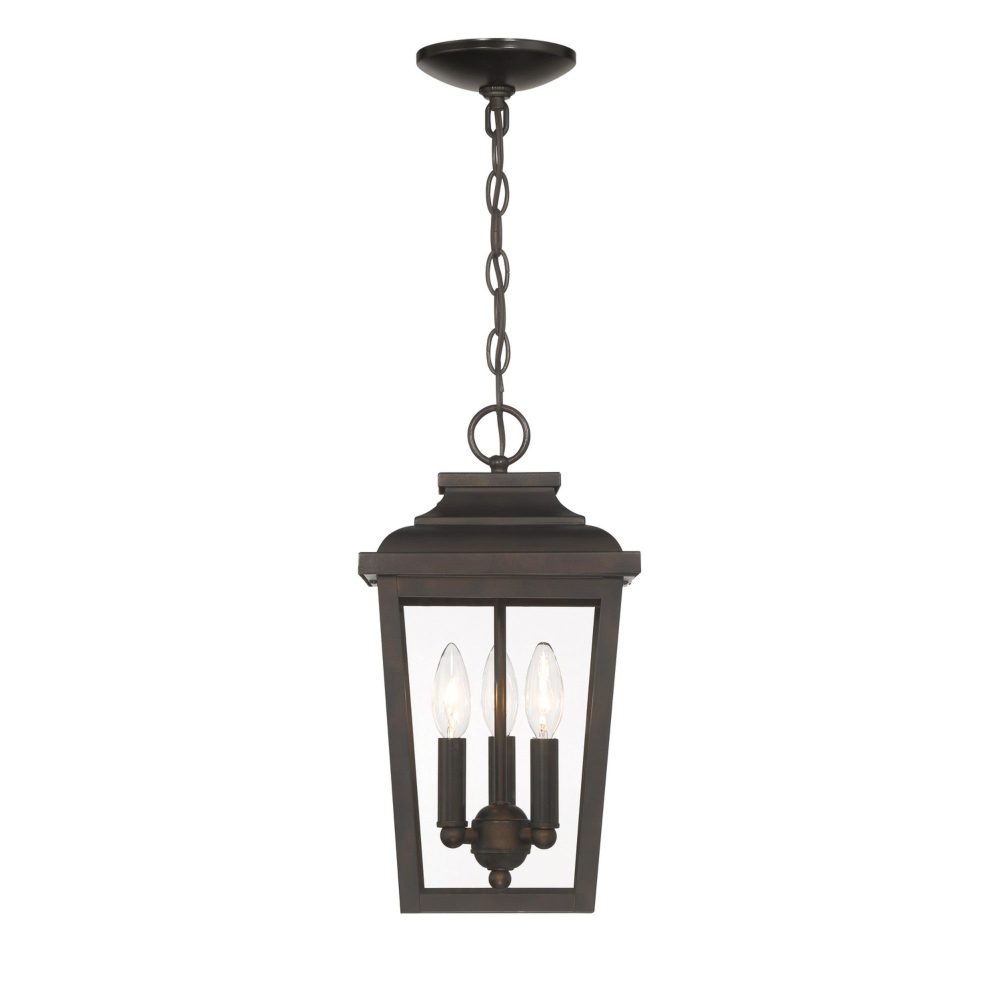 Irvington Manor 16" 3-Light Outdoor Chain Hung with Clear Glass, Chelesa Bronze Finish - Bees Lighting