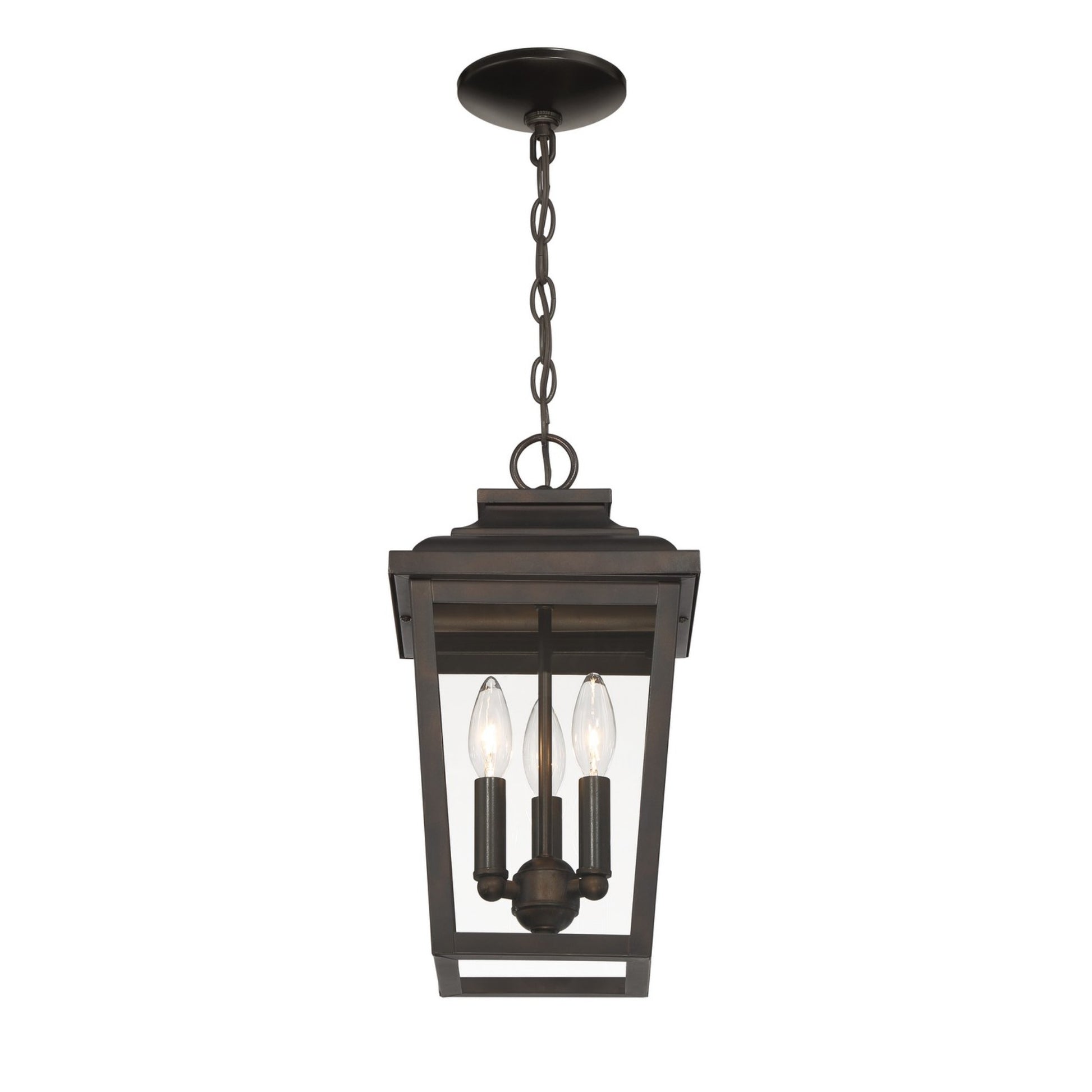 Irvington Manor 16" 3-Light Outdoor Chain Hung with Clear Glass, Chelesa Bronze Finish - Bees Lighting
