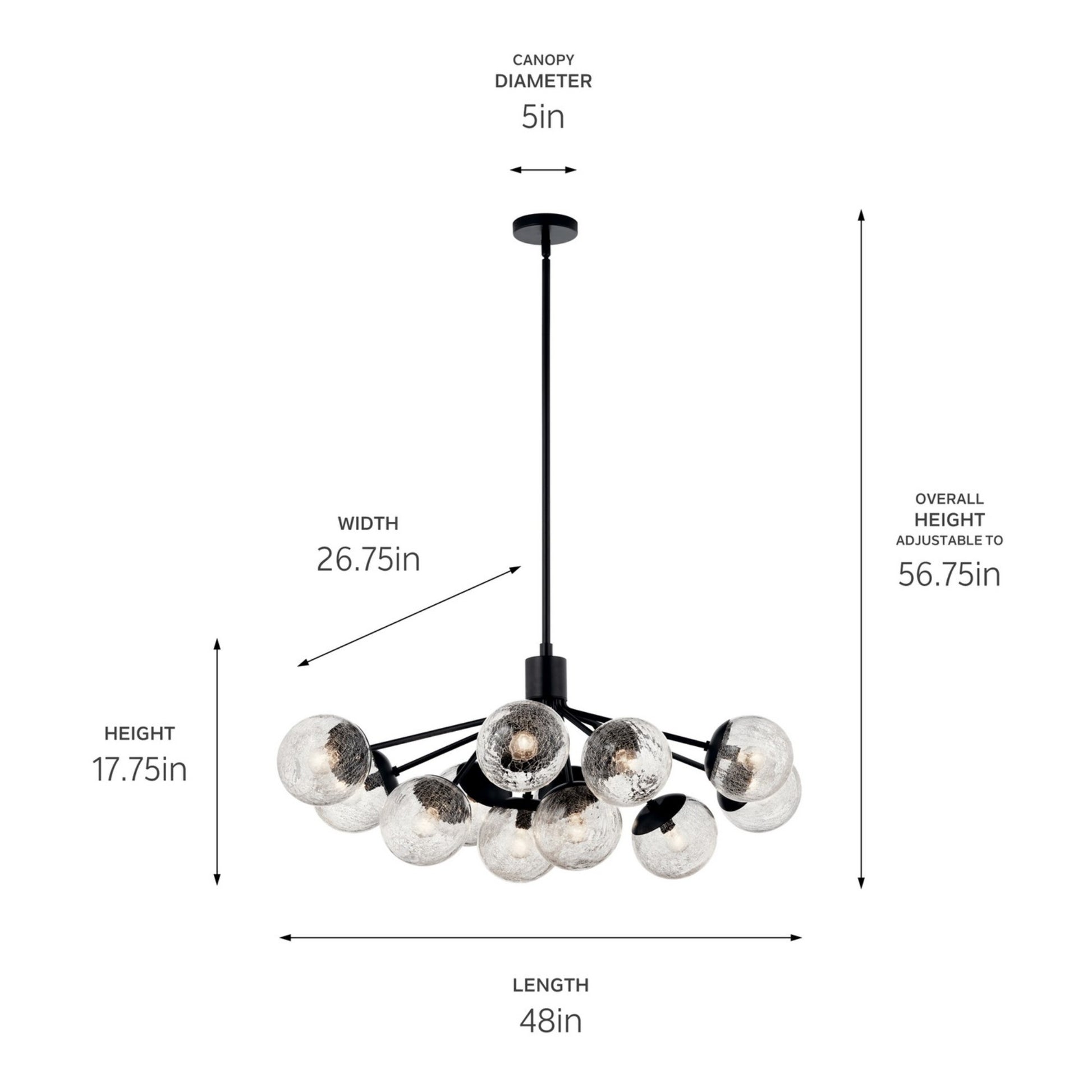 Silvarious 48" 12-Light Linear Chandelier, Black Finish, Crackle Glass - Bees Lighting