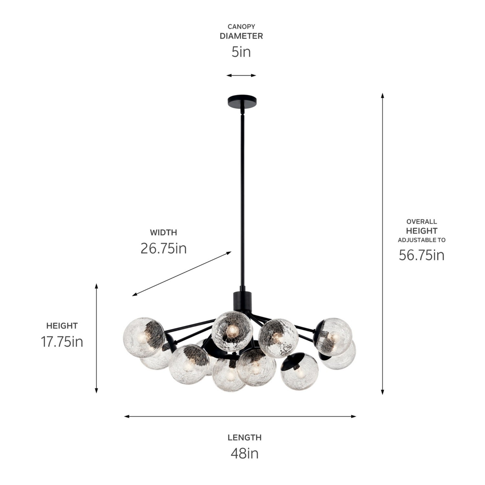 Silvarious 48" 12-Light Linear Chandelier, Black Finish, Crackle Glass - Bees Lighting