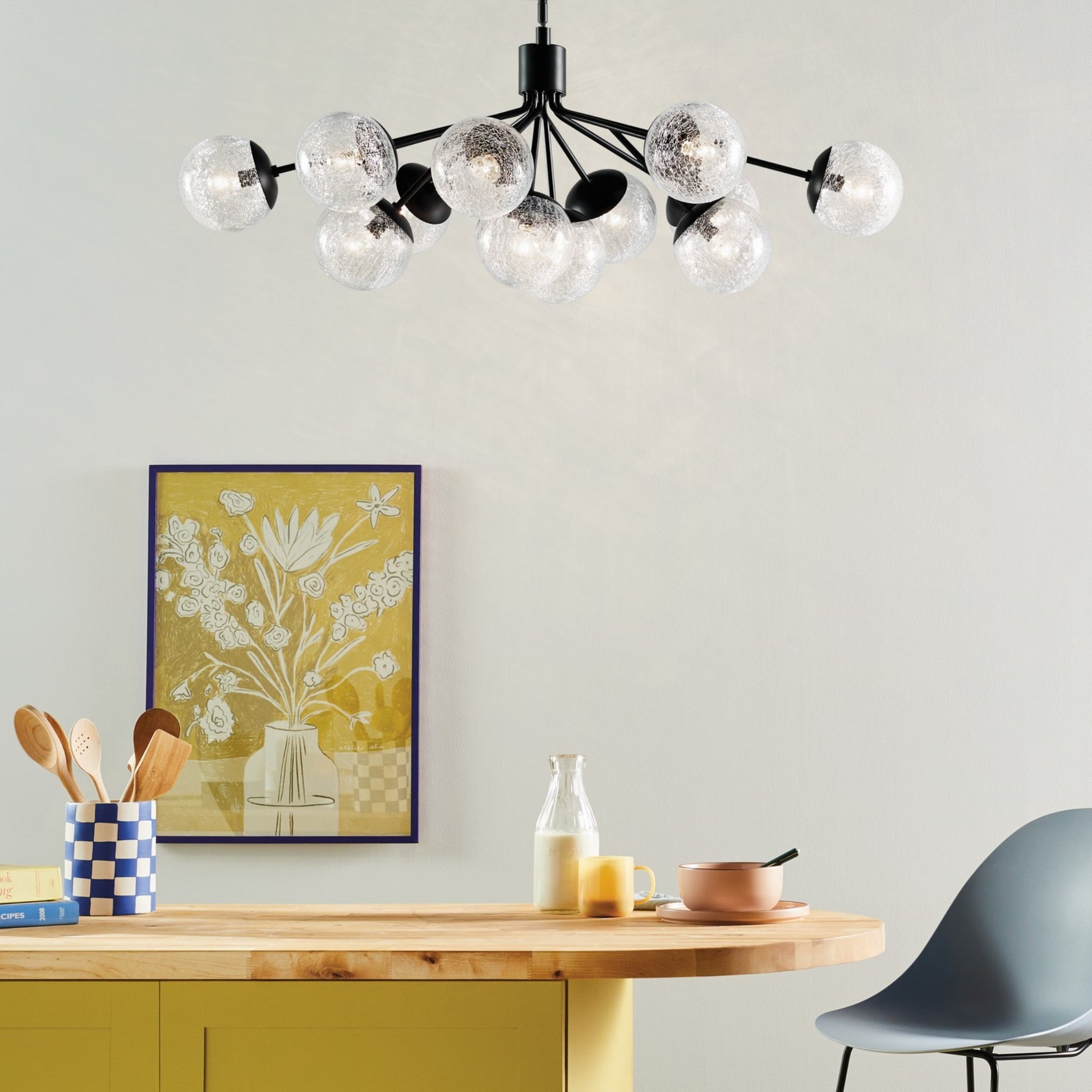 Silvarious 48" 12-Light Linear Chandelier, Black Finish, Crackle Glass - Bees Lighting