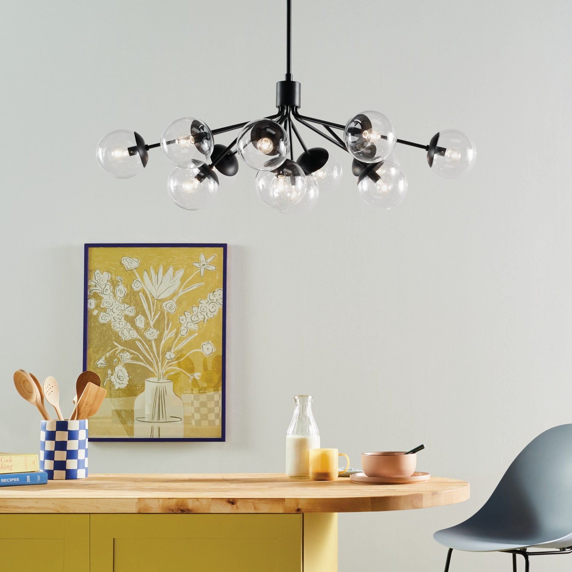 Silvarious 48" 12-Light Linear Chandelier, Black Finish, Clear Glass - Bees Lighting