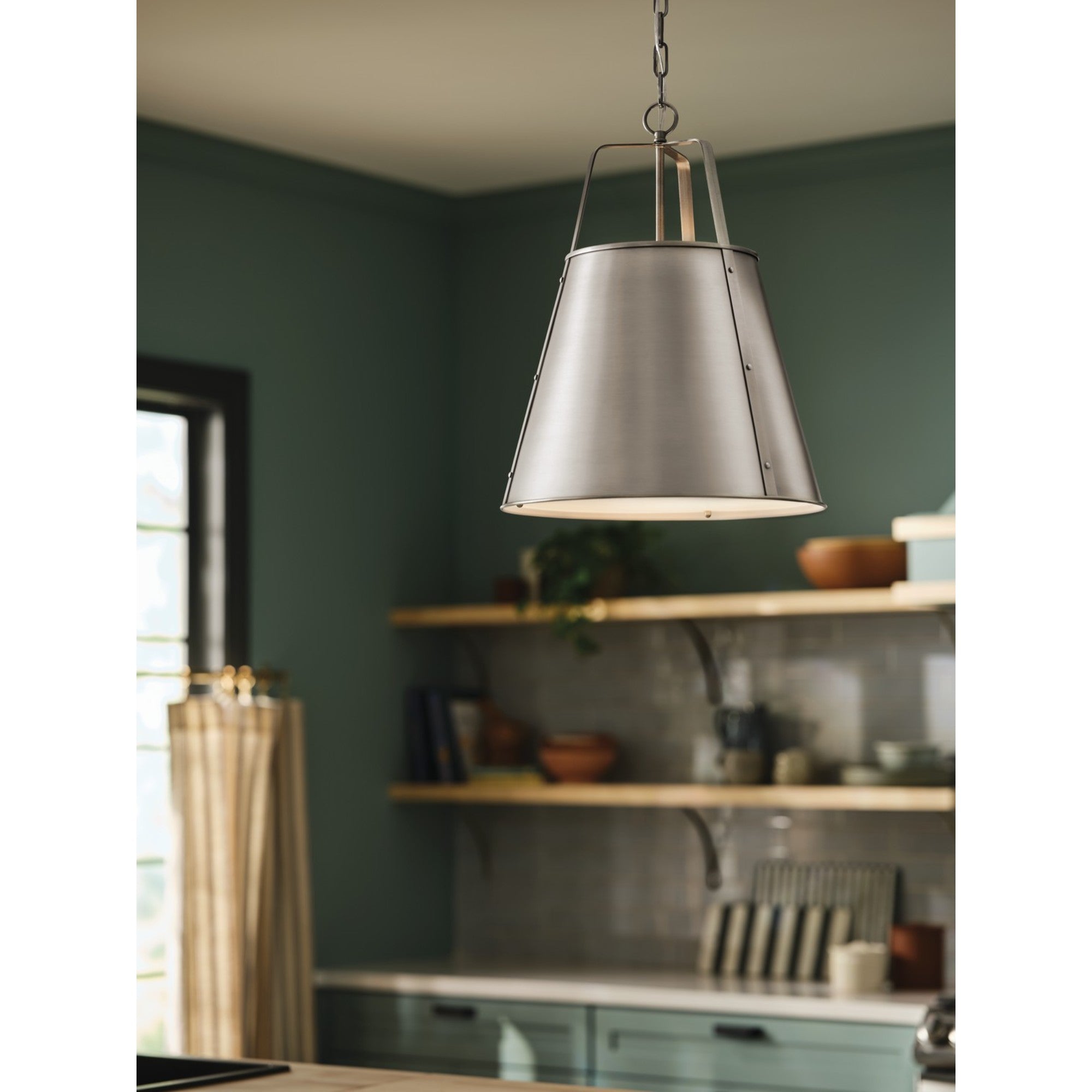 Etcher 23" 2-Light Pendant Light with Clear Satin Etched and Painted White Inside Glass, Classic Pewter Finish - Bees Lighting