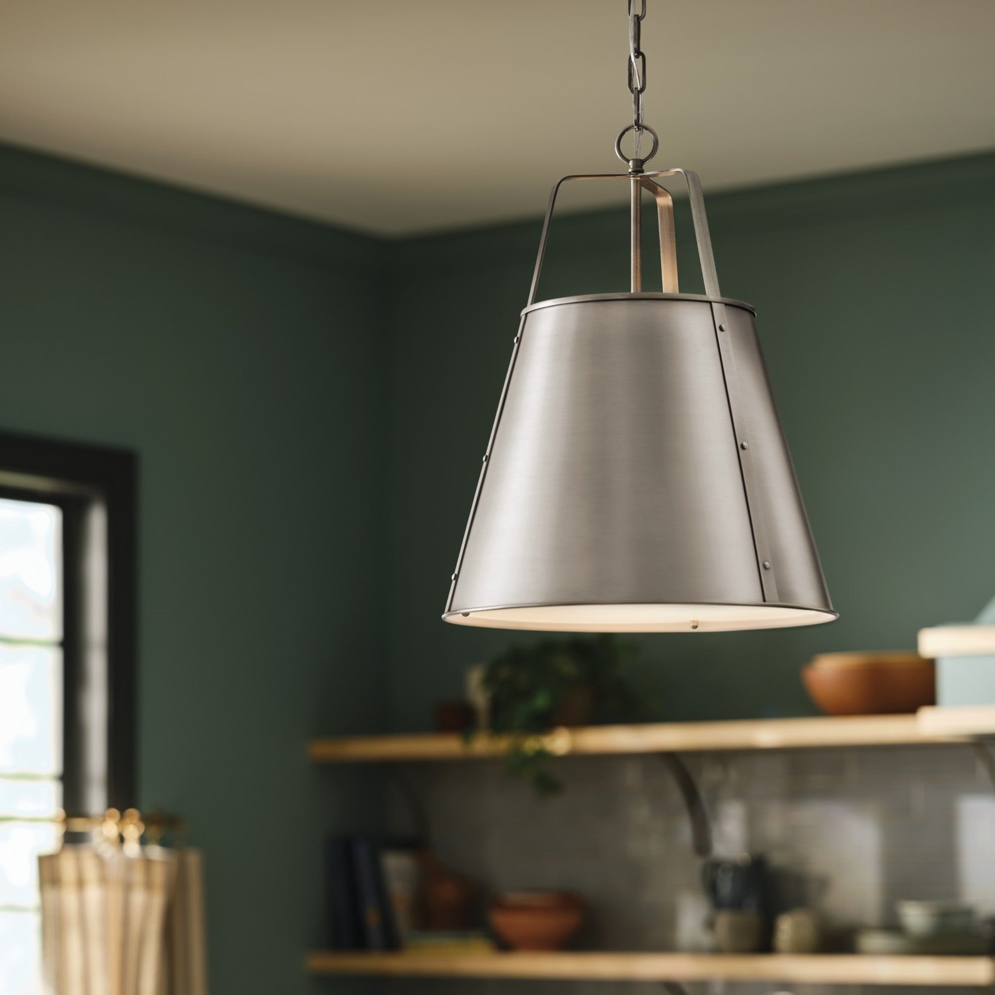 Etcher 23" 2-Light Pendant Light with Clear Satin Etched and Painted White Inside Glass, Classic Pewter Finish - Bees Lighting