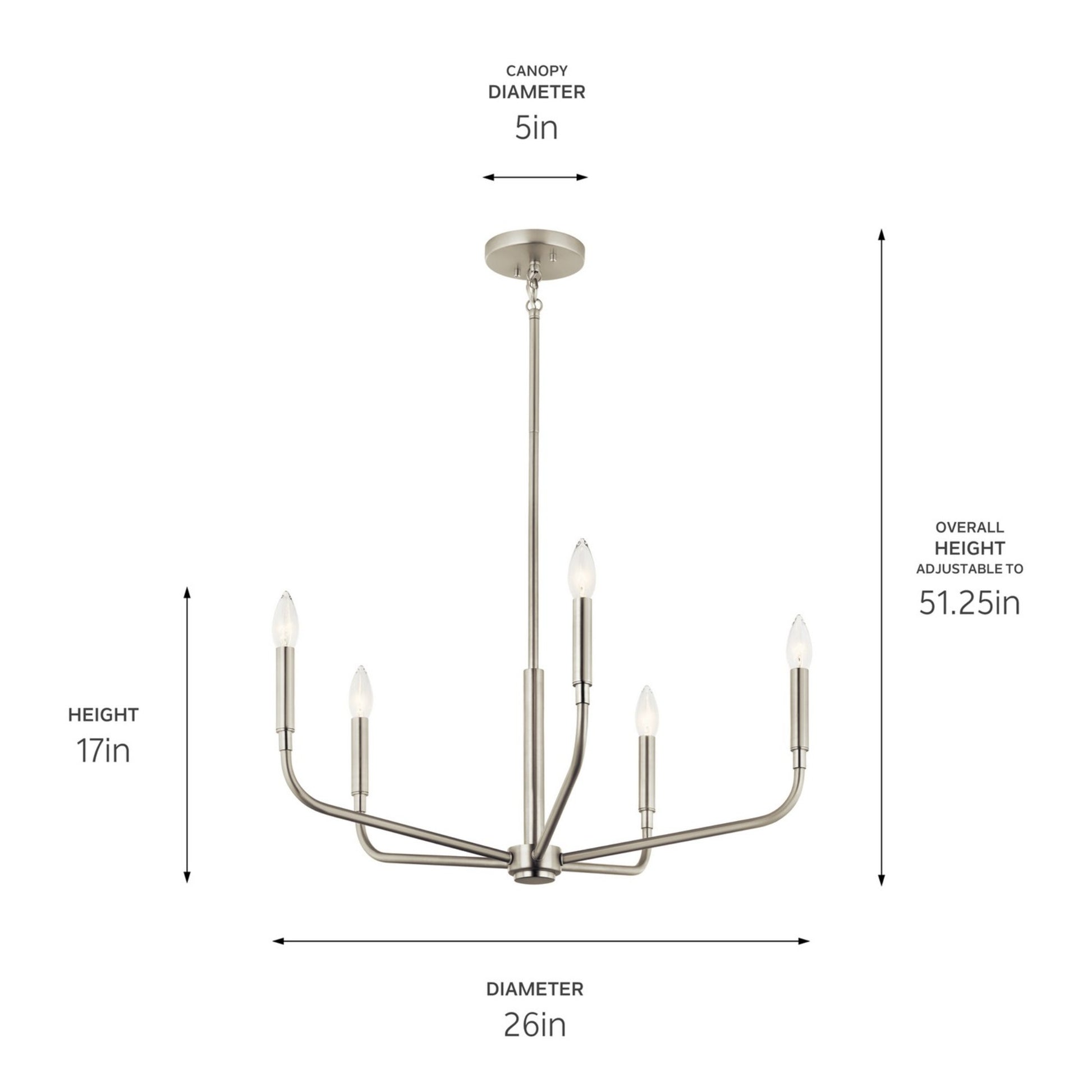 Madden 26" 5-Light Chandelier, Brushed Nickel Finish - Bees Lighting