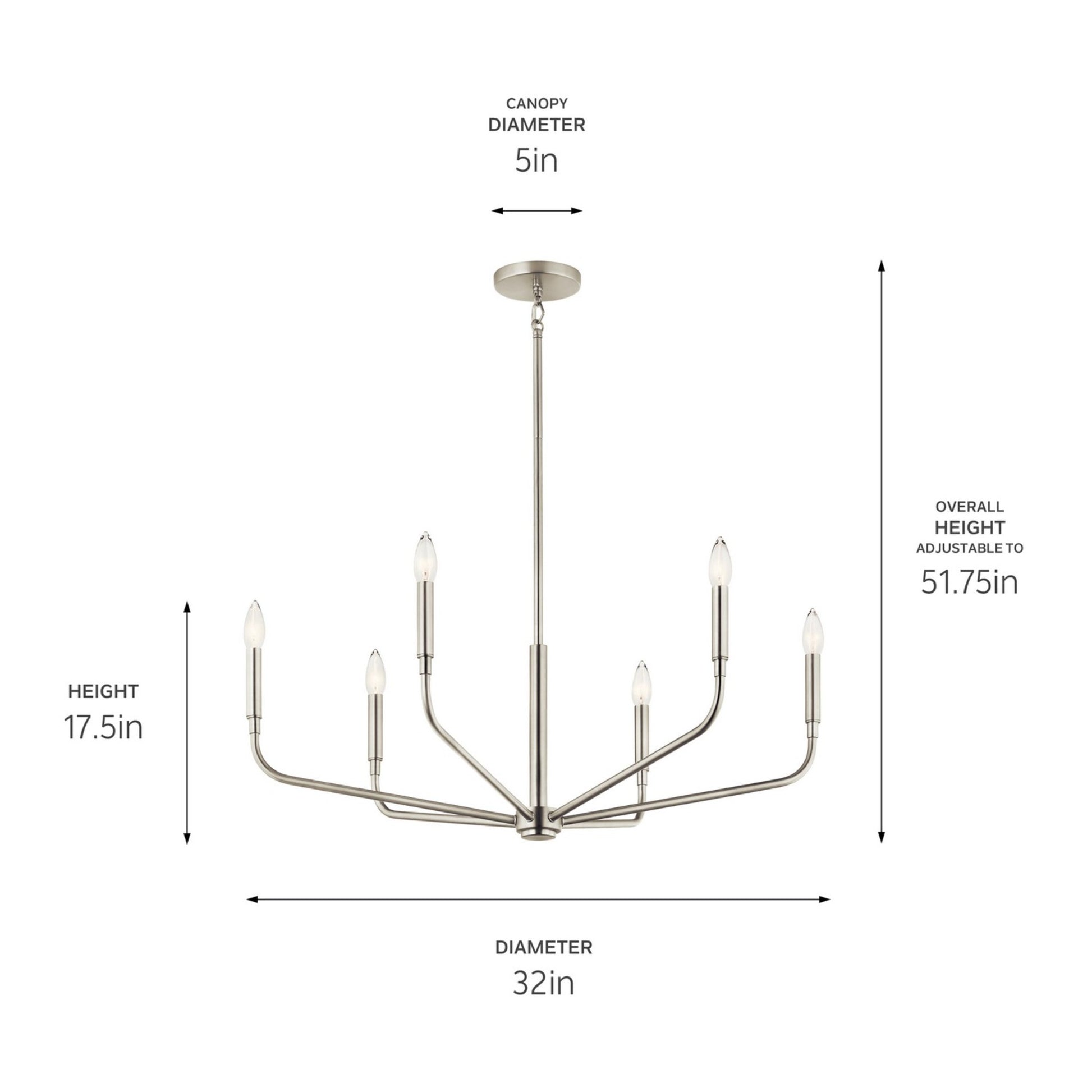 Madden 32" 6-Light Chandelier, Brushed Nickel Finish - Bees Lighting