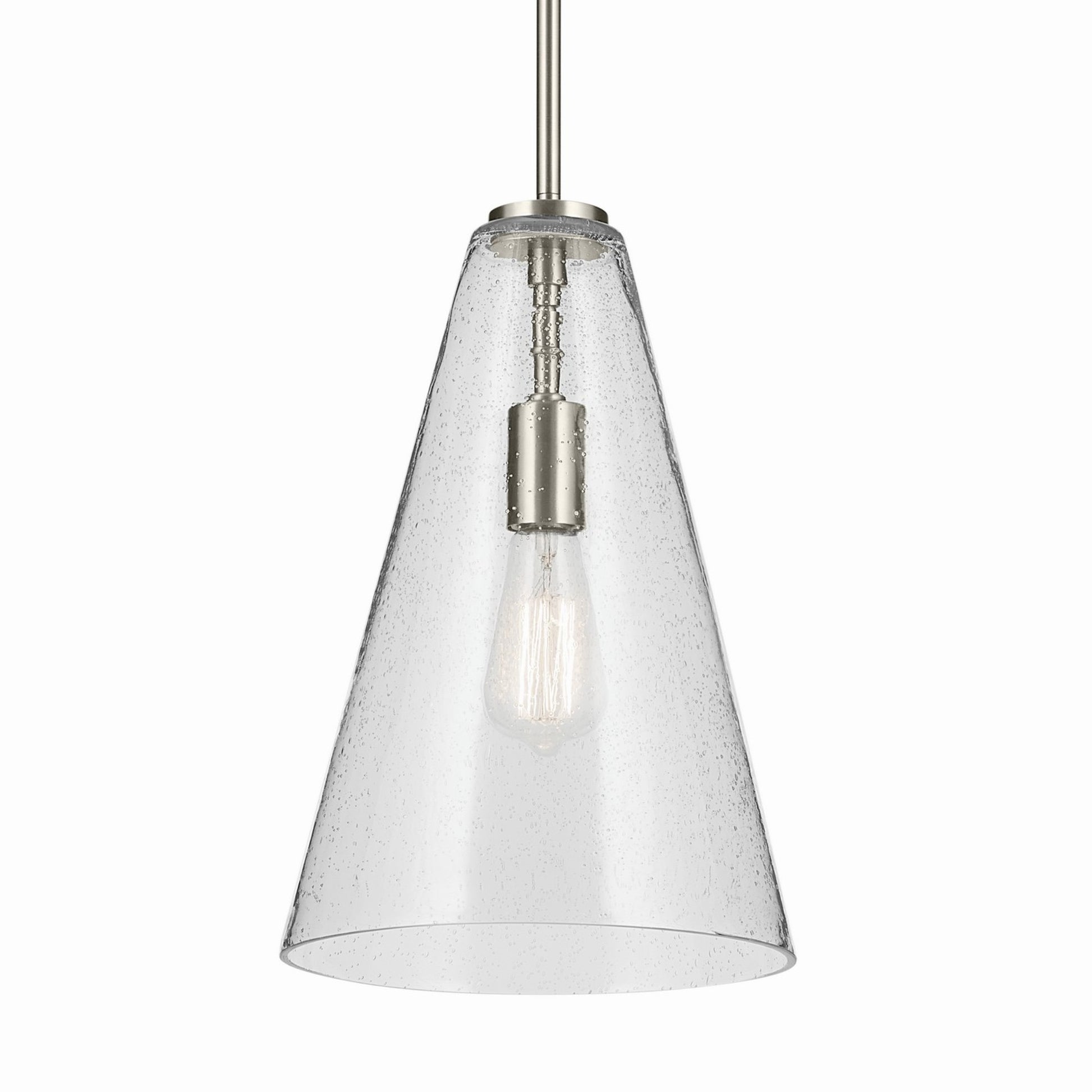 Everly 10" Cone Pendant, Brushed Nickel Finish, Clear Seeded Glass - Bees Lighting