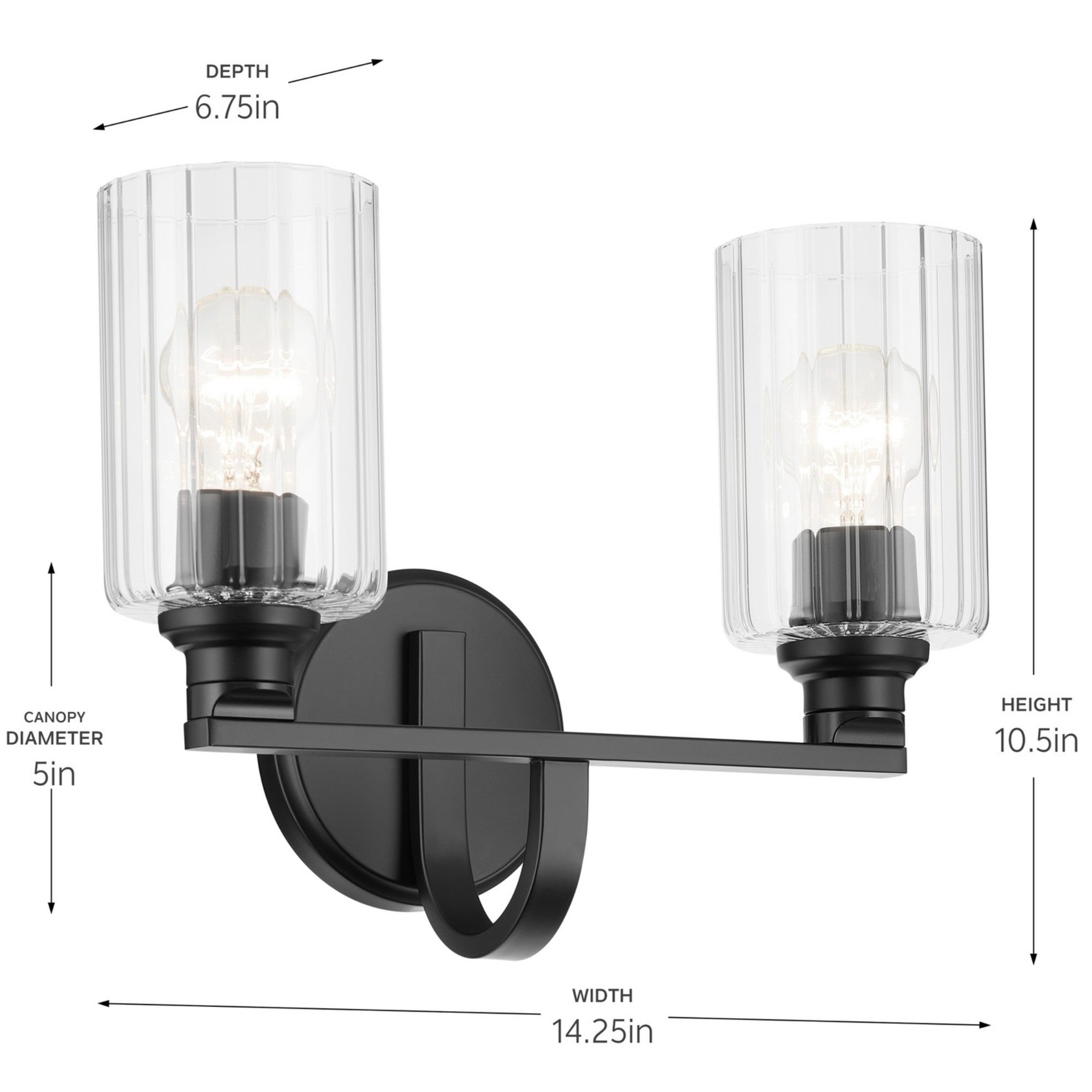 Gioe 14" 2-Light Bath Vanity Light, Black Finish Fluted Glass - Bees Lighting
